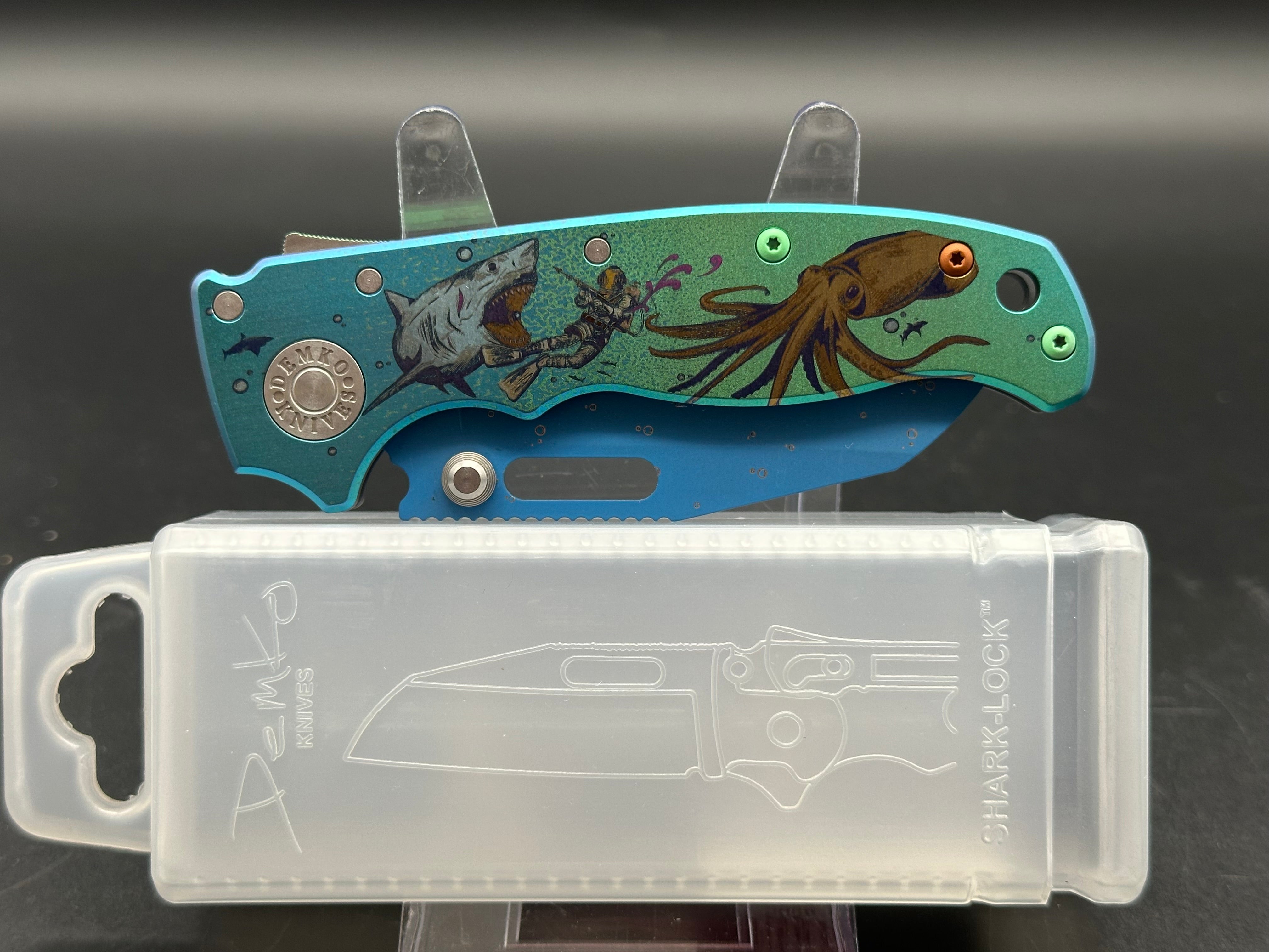 Demko AD20.5 Shark Lock Folding Knife - Custom Anodized Titanium Handle with Blue Cerakote Coating | EDC Pocket Knife for Outdoor Camping, Hiking & Everyday Carry