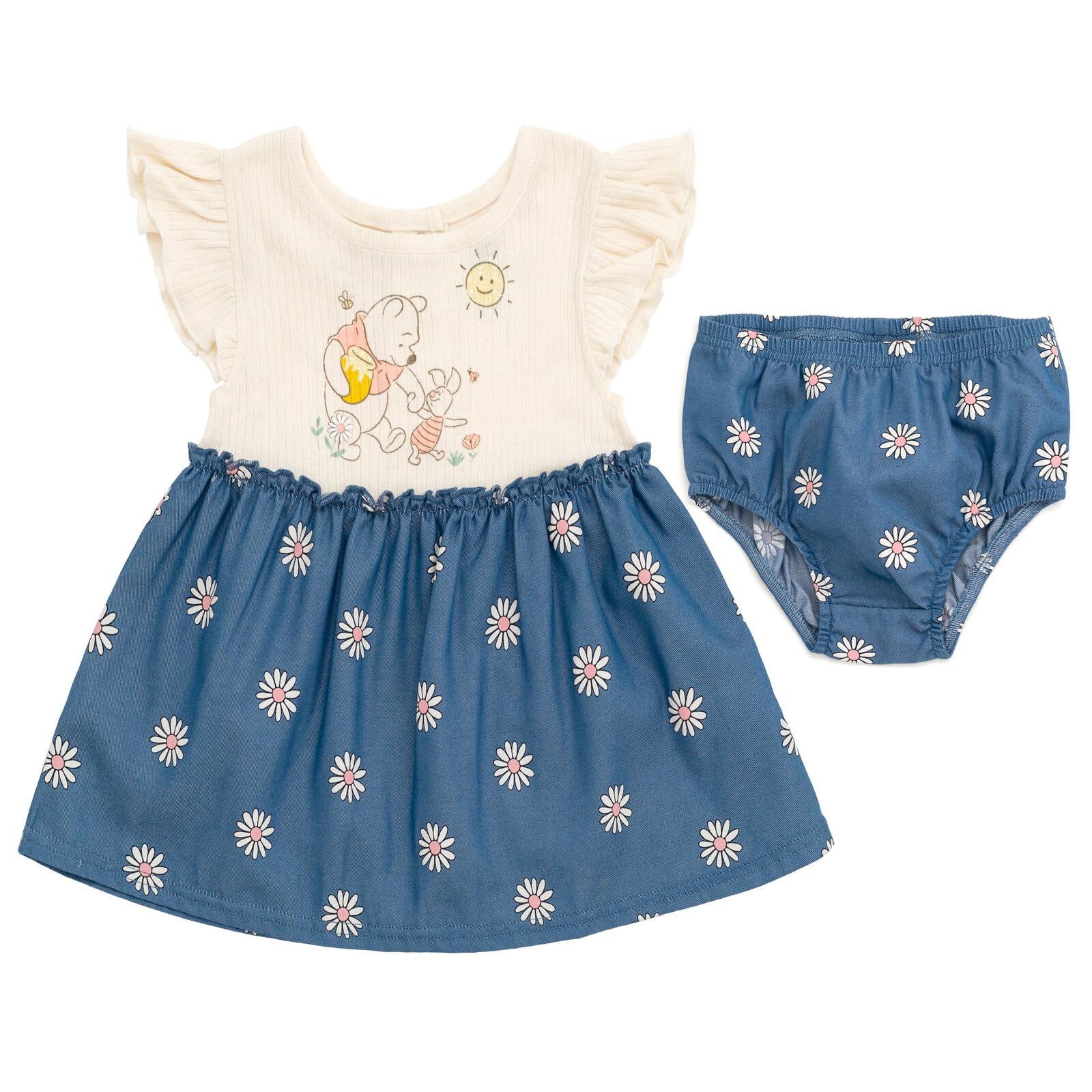 Disney Winnie The Pooh Piglet Floral Baby Girls Chambray Dress & Diaper Cover Set - Blue 0-3 Months | Newborn Outfit for Photo Shoots, Baby Showers & Special Occasions