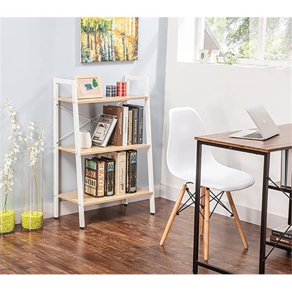 JJS Industrial 3-Tier Bookshelf - Rustic Freestanding Bookcase Storage Shelf for Home Office & Living Room | Oak/White Finish | Perfect for Organizing Books, Plants & Decorative Items