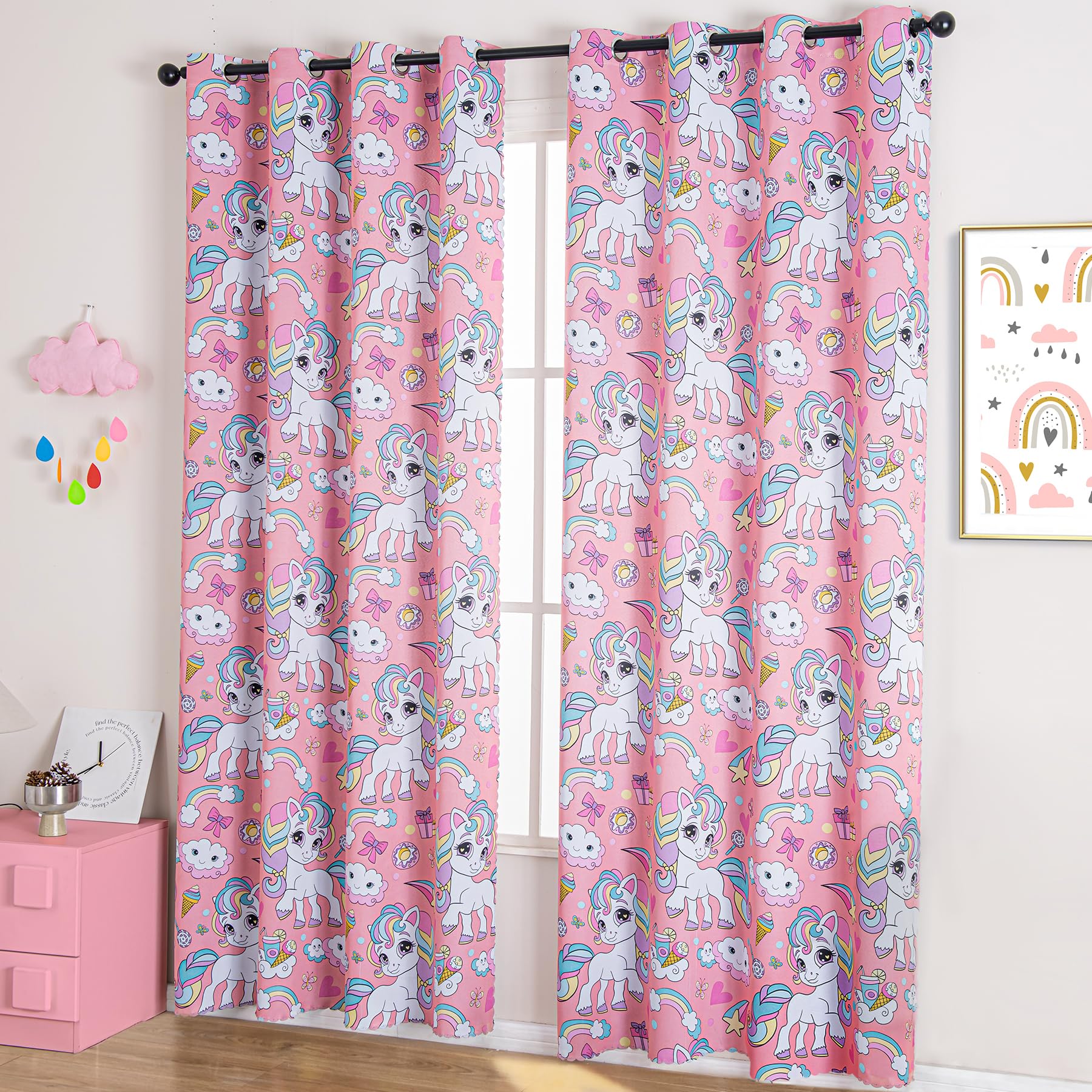 UNISTAR Unicorn Princess Theme Kids Room Curtains - Pink Cute Horse Blackout Window Drapes with Grommet Top (34