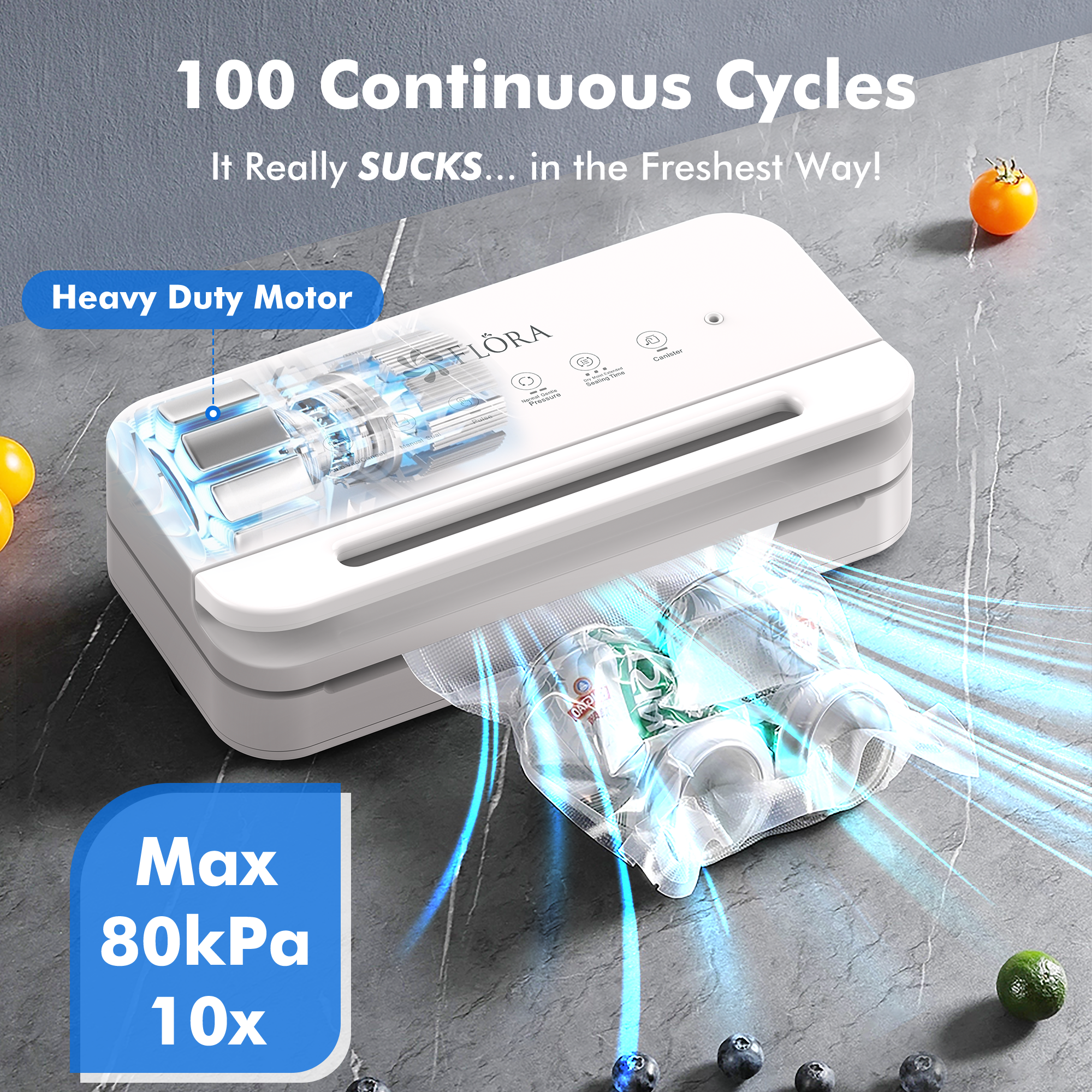Flora Food Vacuum Sealer Machine FL FVS 5199 | 3-in-1 Dry/Moist/Canister Sealer with Pulse Control & Locking Handle | BPA-Free Compact Vacuum Sealer for Meat, Meal Prep, Sous Vide | Perfect for Home Kitchen, Camping & Food Preservation