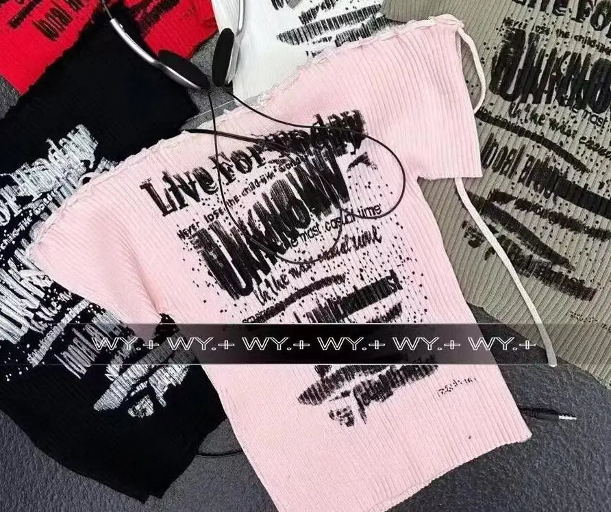 Women's Black Letter Print Short Sleeve Knit T-Shirt - 2024 Summer Red Slim Off-Shoulder Lace-Up Top | Trendy Streetwear for Casual Outings, Beach Vacations & Night Out