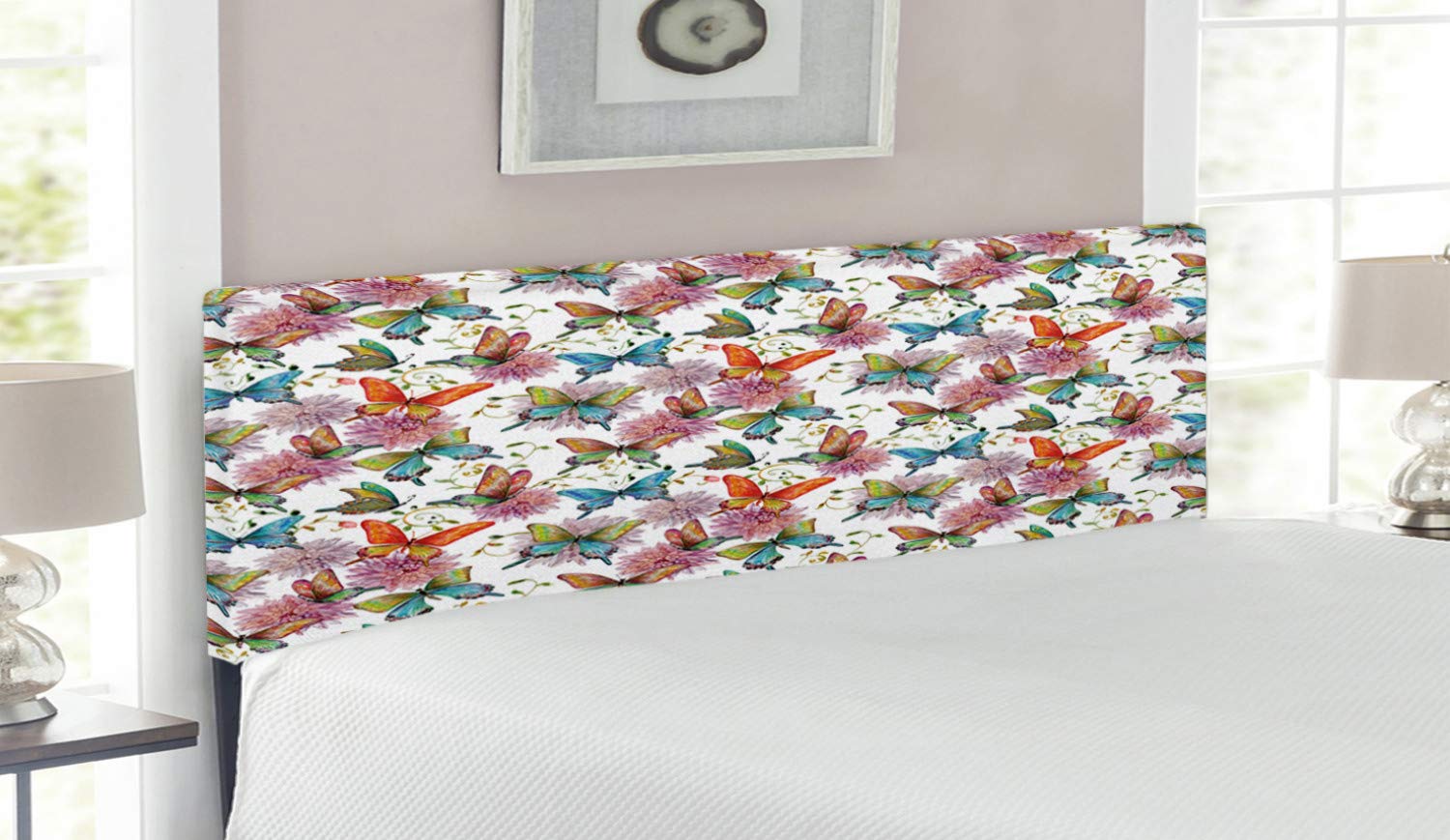 Ambesonne Butterfly Queen Size Headboard - Vibrant Floral & Butterfly Upholstered Metal Bed Frame with Memory Foam | Retro Wildflower Design for Bedroom Decor | Perfect for Master Bedrooms, Guest Rooms & Bohemian Style Homes