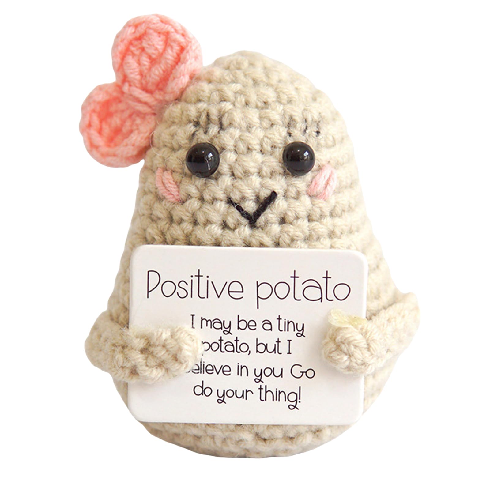 Funny Crochet Inspirational Potato Doll with Positive Message Card - Cute Emotional Support Plush Toy (Potato with Bow, One Size) - Perfect for Stress Relief, Office Decor & Gift Giving