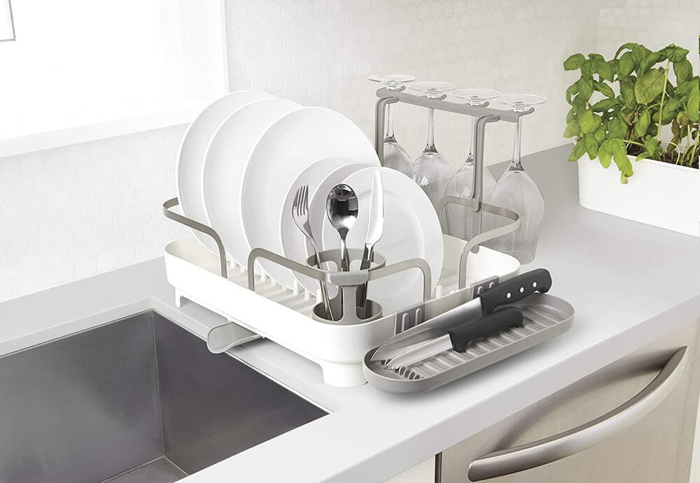 Umbra Holster Deluxe Dish Rack - White | Modern Countertop Dish Drying Rack with Utensil Holder | Perfect for Small Kitchens, Apartments & RVs