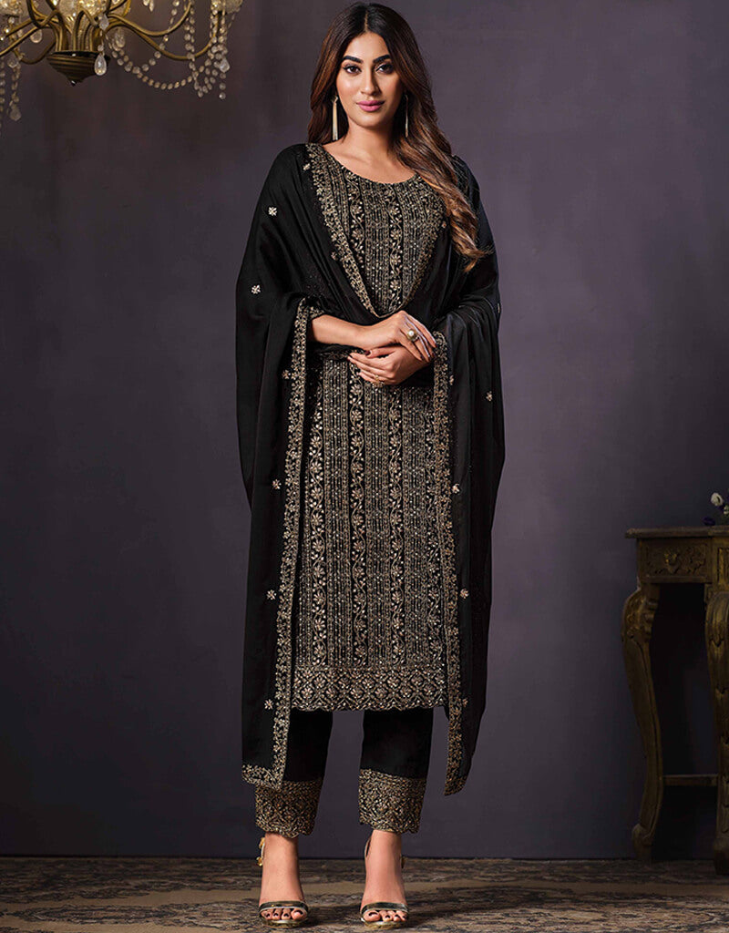 Black & White 2-Tone Catonic Georgette Straight Leg Pants for Women - Office Wear & Casual Outfits