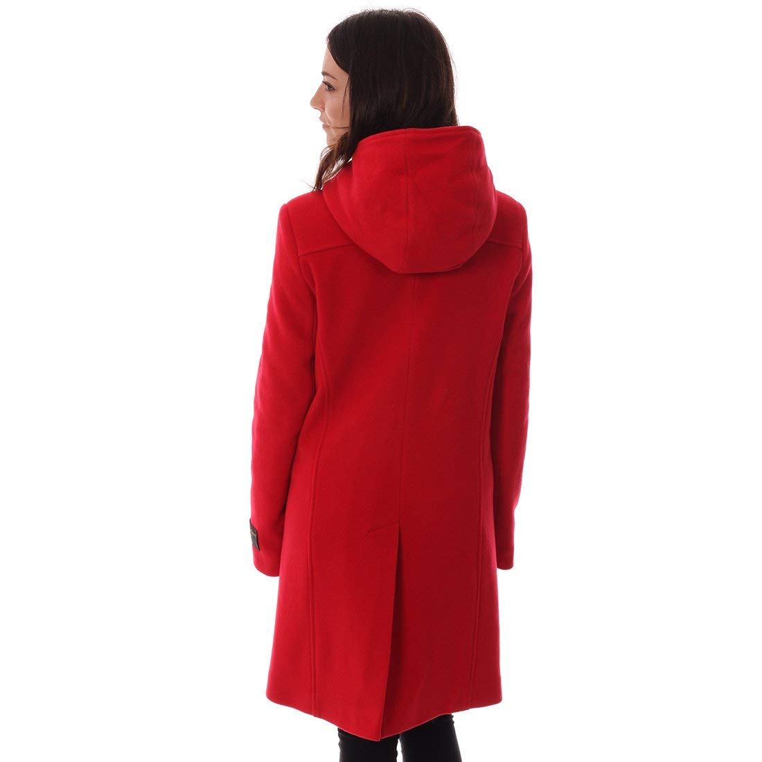 Women's Red Hooded Wool Cashmere Duffle Coat Jacket with Pockets - Warm Winter Outerwear for Casual Outings & Travel