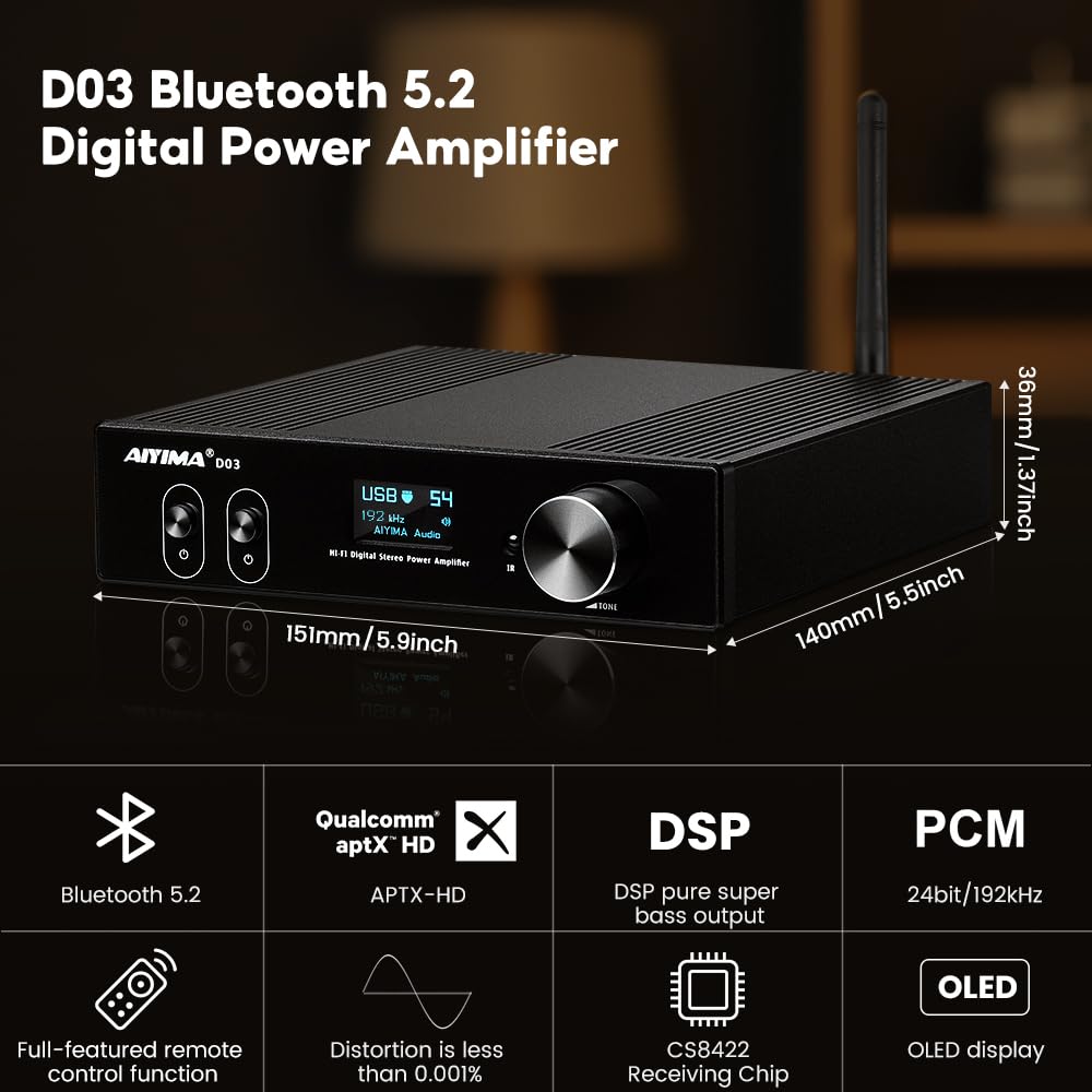 AIYIMA D03 Bluetooth 5.0 Stereo Amplifier - 150W x 2 HiFi Power Amp with DAC, 24Bit/192kHz, USB/Coaxial/Optical Inputs, OLED Display, AptX HD, Remote Control - Perfect for Home Theater, Music Studio & Subwoofer Systems