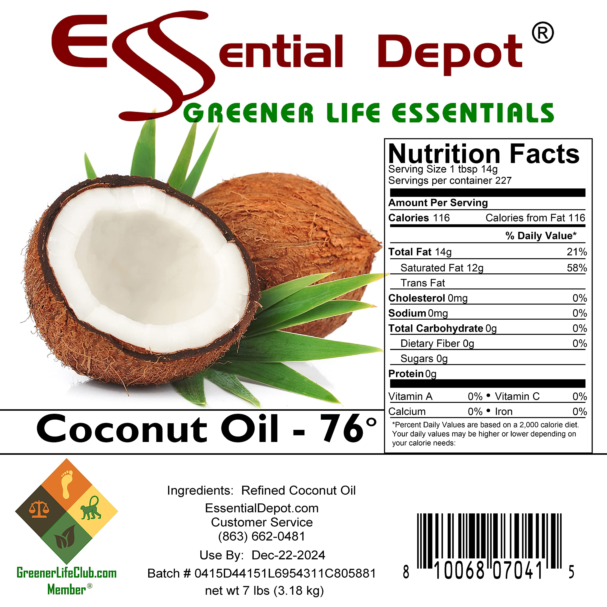 Organic Virgin Coconut Oil 76F - 7 lb Food Grade Coconut Oil in Microwave-Safe PP Container with Resealable Lid & Removable Handle - Perfect for Cooking, Baking, Skincare & Hair Care