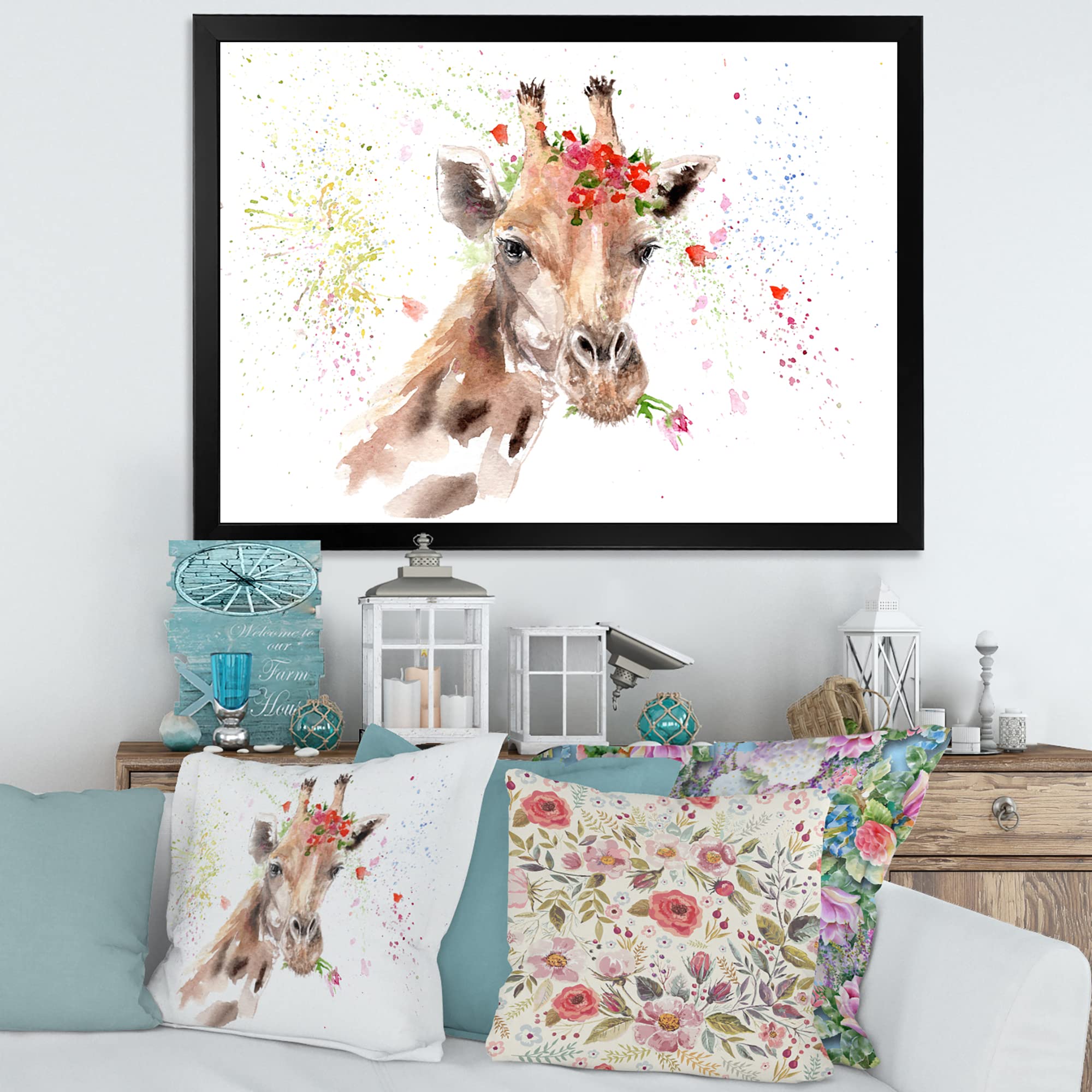 DesignQ Giraffe with Flowers III - Farmhouse Framed Wall Art Decor for Living Room, Bedroom & Nursery - Animal Portrait Painting for Home & Office