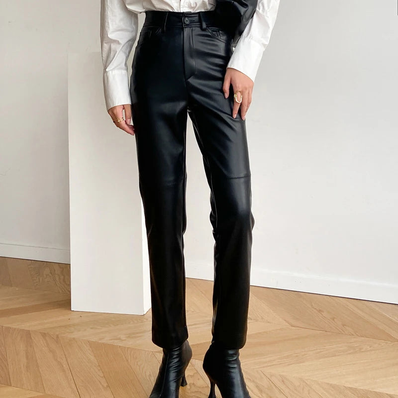 Genuine Leather Straight Leg Pants for Women - High Waist Sheepskin Trousers with Pockets | 2023 Fall Winter Fashion | Chic Casual Slim Fit Pants for Office, Dating & Everyday Wear