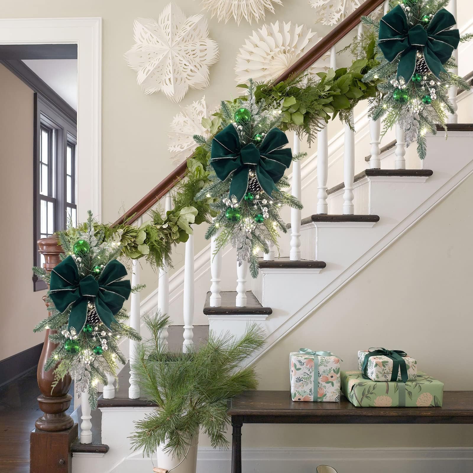 Premium Artificial Christmas Teardrop Swag Garland with LED Lights - 23.6x11.8 Inch Large Holiday Decor for Front Door, Wall, Window, Staircase - Festive Indoor/Outdoor Home Decoration (Green) - Perfect for Christmas Parties, Fireplace Mantels & Front Porch Decorating