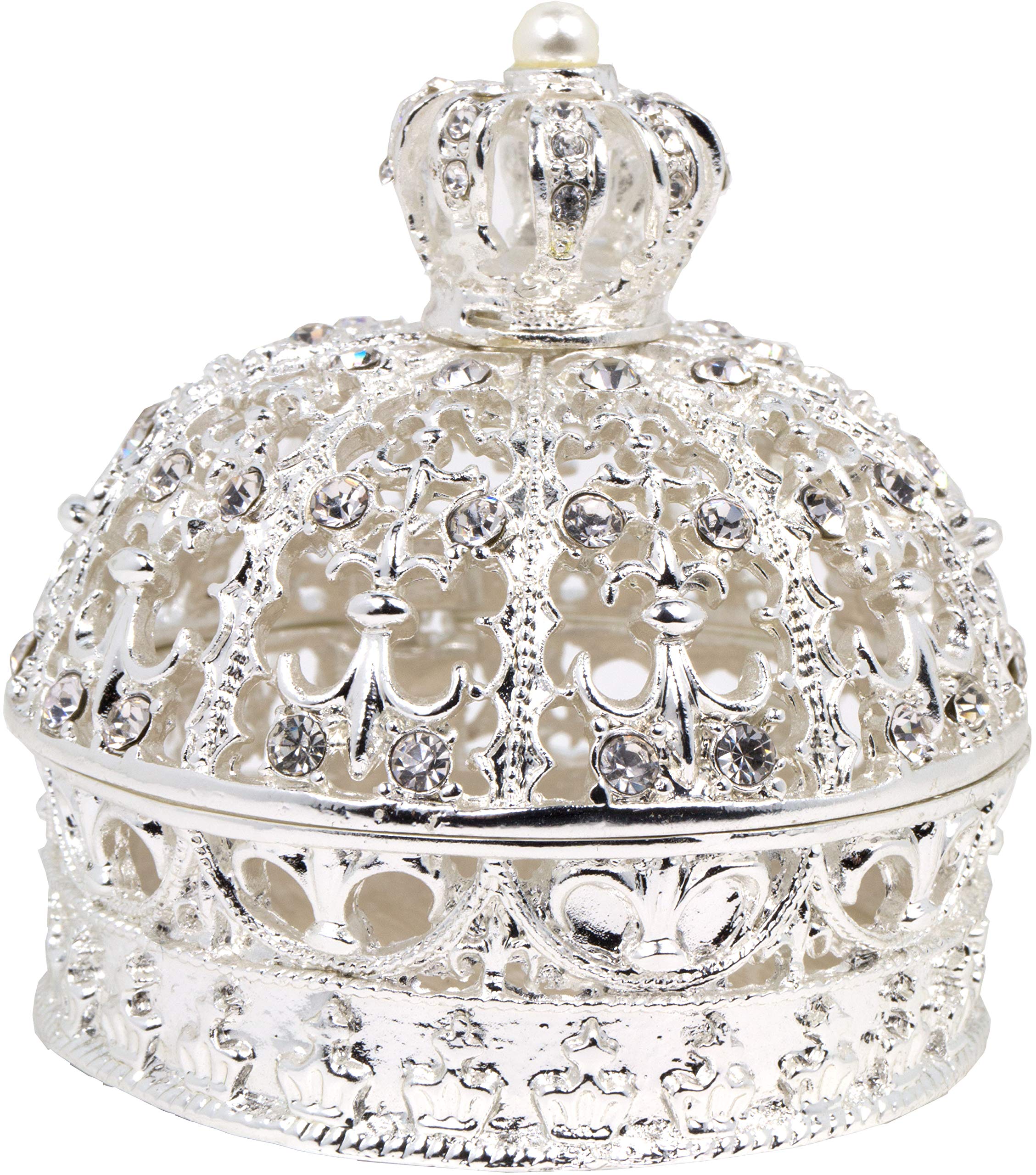 Elegant Silver Rhinestone Pearl Royal Crown Jewelry Box - Luxury Trinket Organizer for Rings, Necklaces & Earrings | Perfect for Jewelry Display, Gift Giving & Home Decor