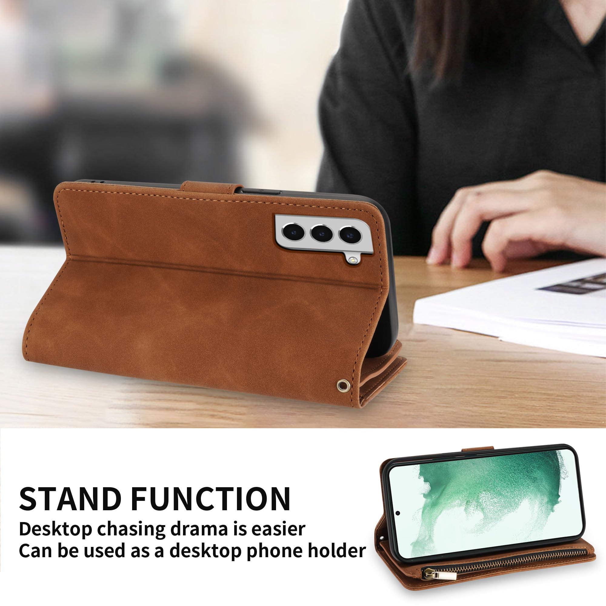 Premium Soft PU Leather Zipper Flip Folio Wallet Case for Samsung Galaxy S22 Plus (6.6 Inch) - Card Slots, Wrist Strap & Kickstand | Protective Cover for Everyday Use, Travel & Business Meetings (Brown)