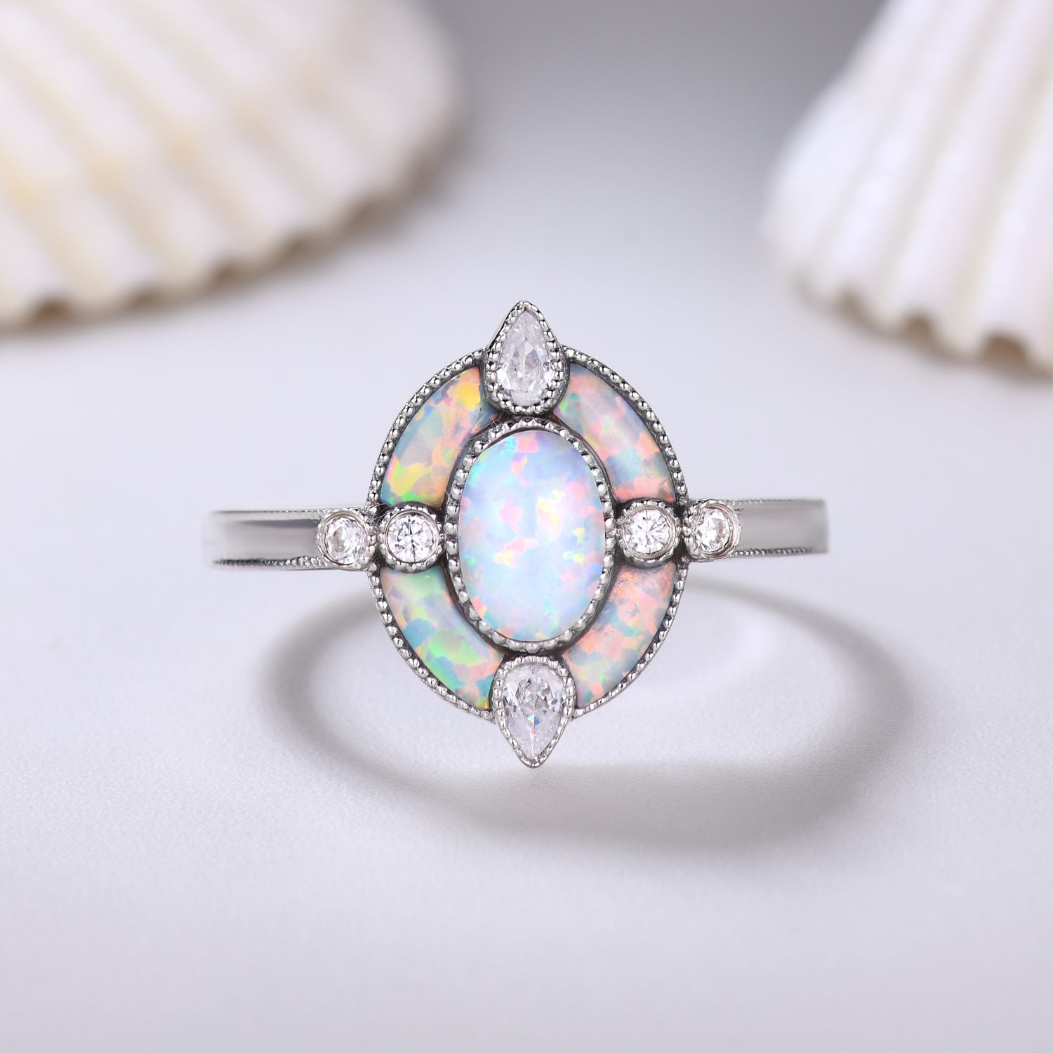Antique White Opal Halo Engagement Ring - Vintage Oval Cut Cocktail Ring with October Birthstone - Perfect for Proposals, Anniversaries & Special Occasions