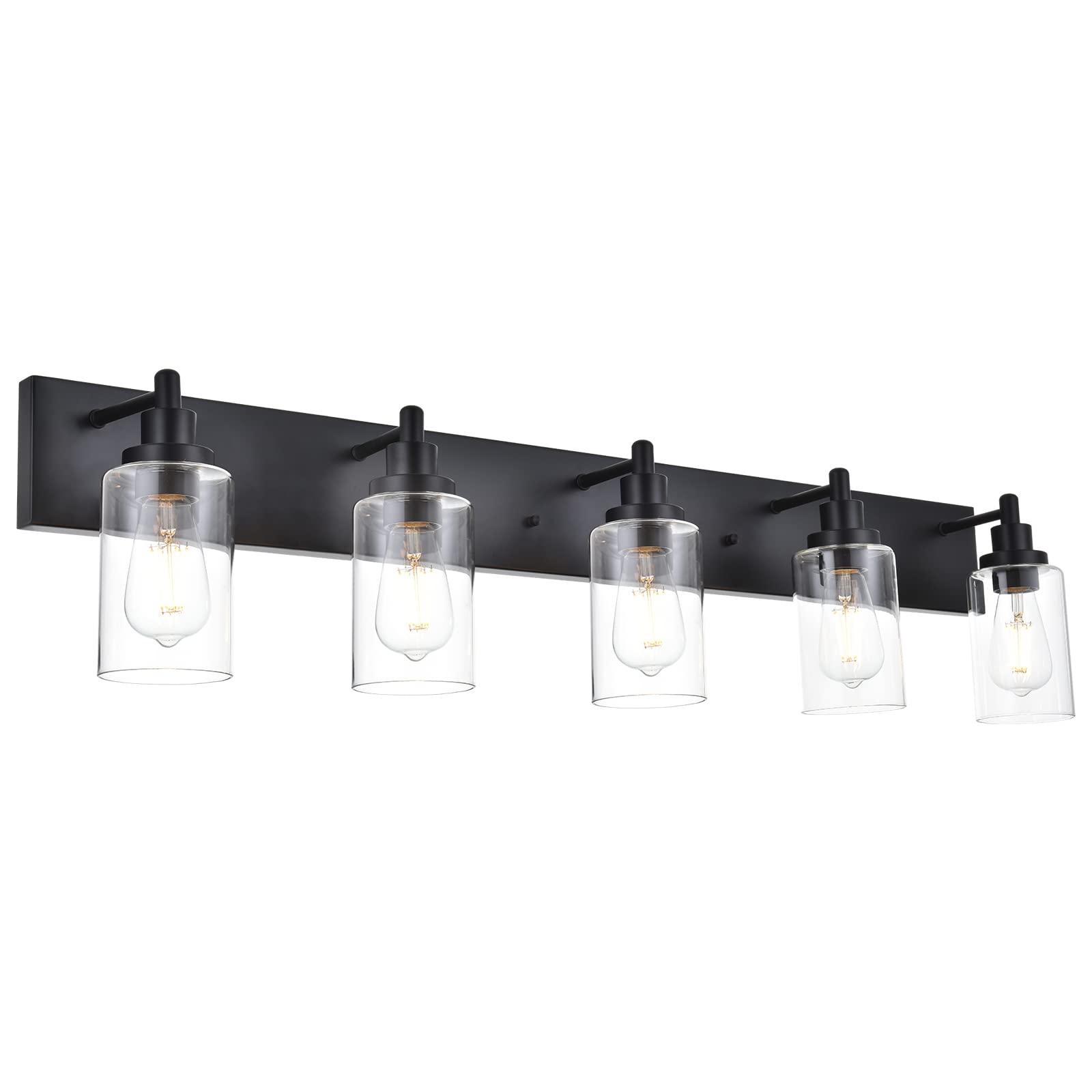 MELUCEE 5-Light Farmhouse Bathroom Vanity Light Fixture - Black Industrial Wall Mount Lighting with Clear Glass Shades for Mirror Sink Cabinet - Perfect for Bathroom, Powder Room & Dressing Room Makeup Area