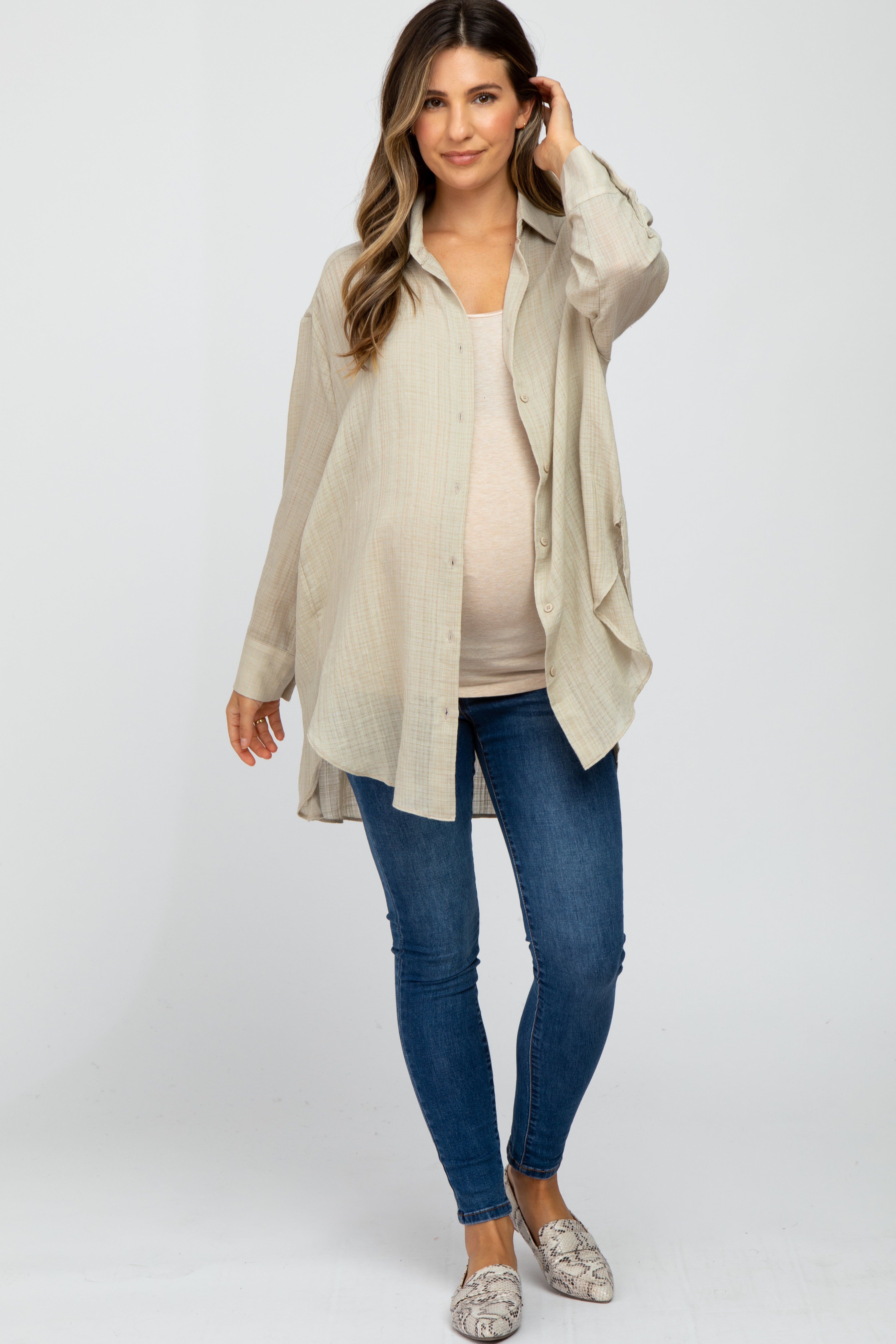 Lightweight Beige Sheer Button Down Maternity Blouse for Women - Comfortable Pregnancy Shirt for Work, Casual Outfits & Nursing