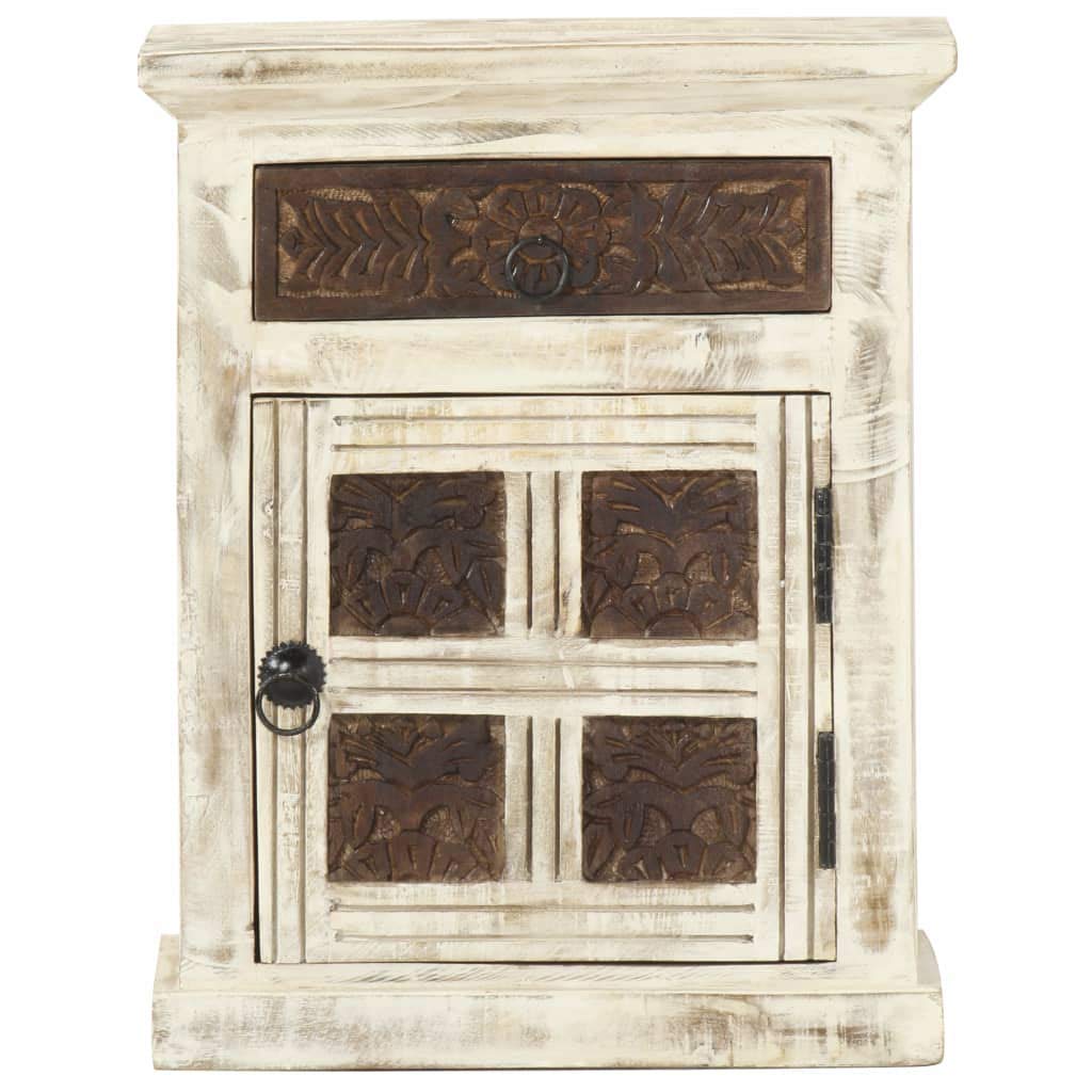Modern Nightstand Side Table - White Solid Mango Wood Bedside Cabinet 15.7