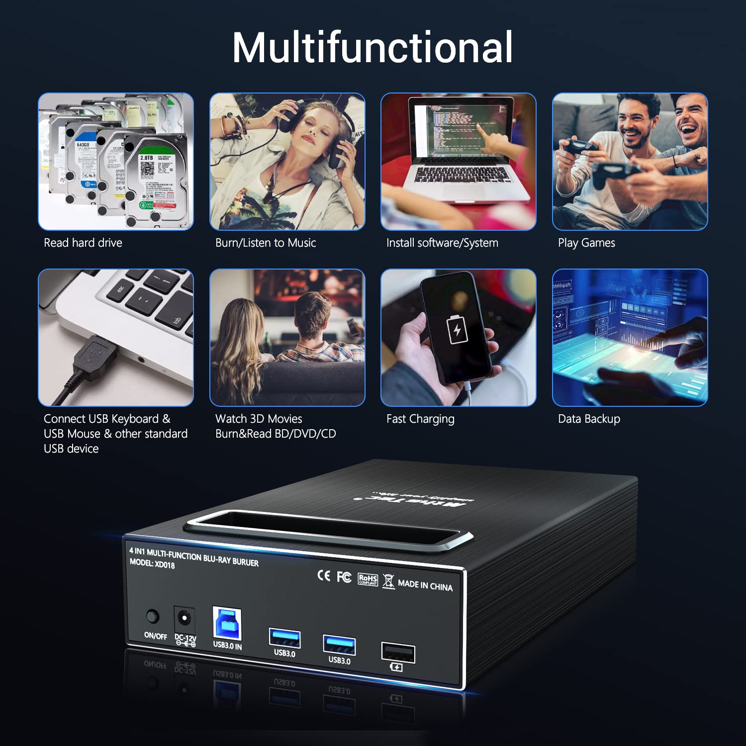 4-in-1 External Blu-ray Drive with USB 3.0 & Type-C - 16X DVD/CD Burner, Optical Drive, HDD Enclosure & USB Hub - Compatible with Mac & PC - Perfect for Home Theater, Office Work & Data Backup