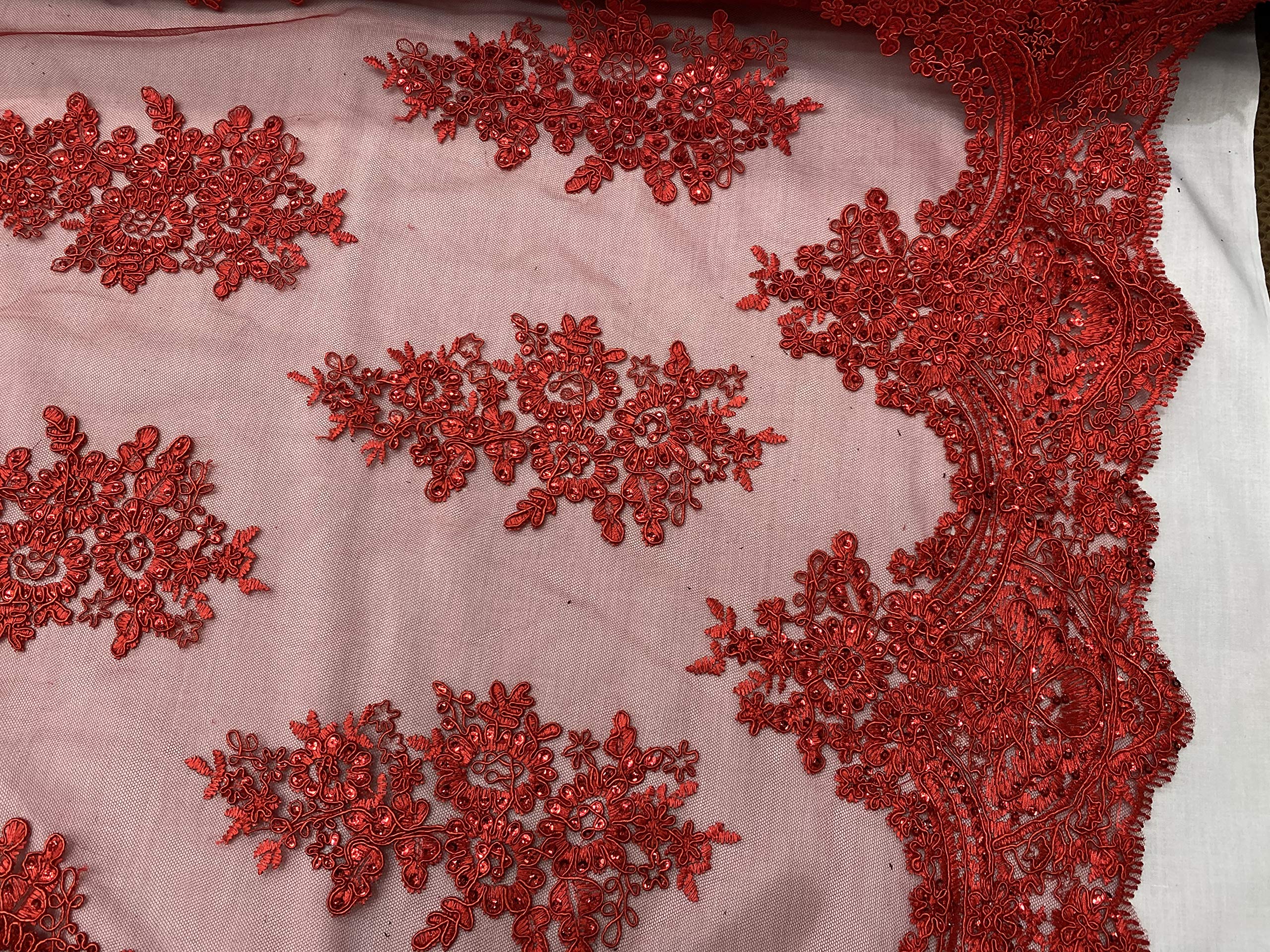 Red Sequin Lace Fabric with Embroidery on Mesh - 1 Yard for Evening Gowns, Prom Dresses & Costume Design