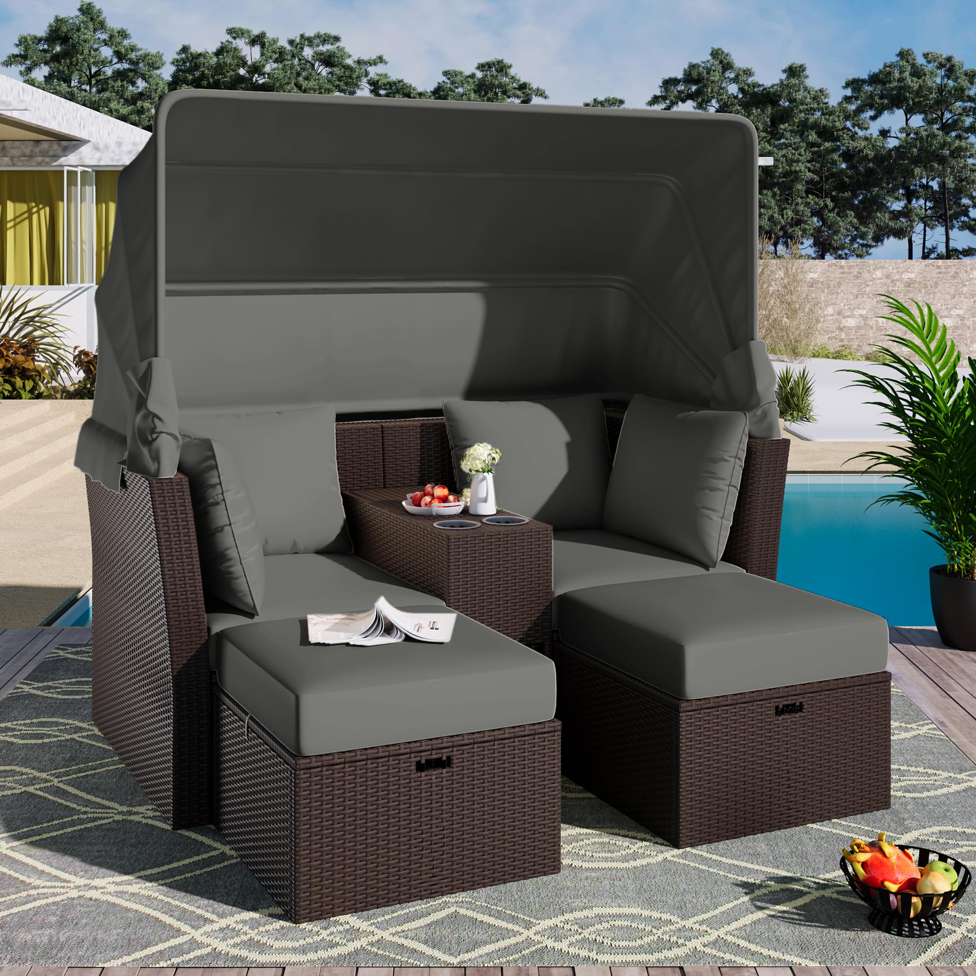 P PURLOVE Outdoor Loveseat Chaise Lounge with Canopy - 2-Seater Patio Double Daybed with Foldable Awning & Cushions - Water-Resistant Grey Outdoor Sofa Set for Garden, Backyard, Poolside & Patio Relaxation