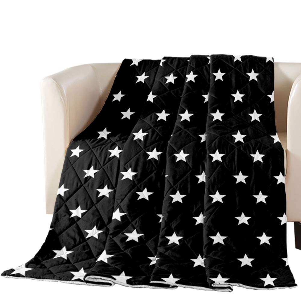 Soft Breathable Cotton Quilted Comforter - Black with White Stars Patriotic Throw Blanket | All-Season Lightweight Bedspread & Coverlet | Oversized King Size for Bed, Sofa & Home Decor