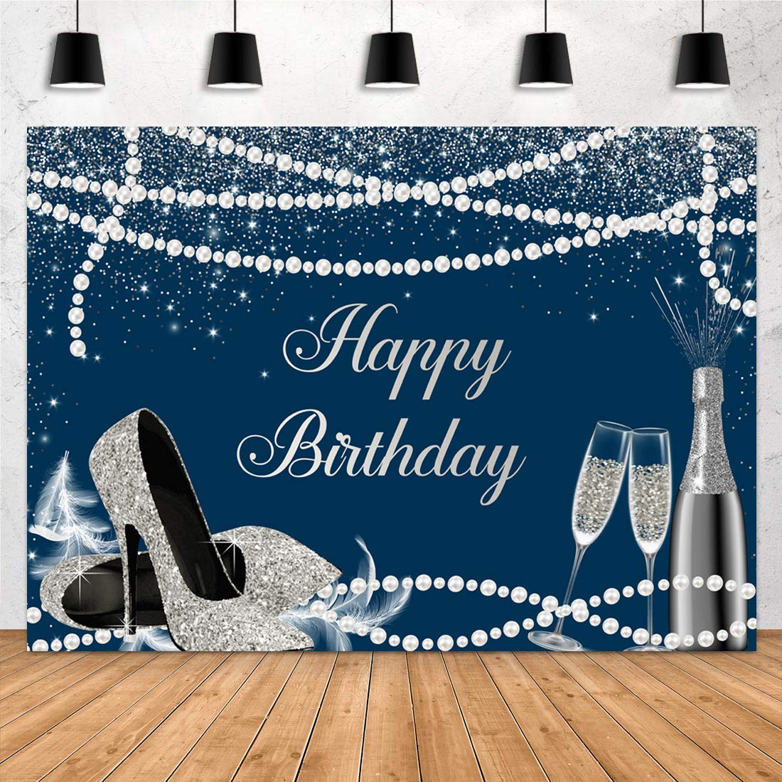 7x5ft Navy Blue & Silver Happy Birthday Backdrop with High Heels, Champagne Glasses & Glitter Dots - Sweet 16 Photography Background for Girls & Women - Party Banner Decoration for Cake Table, Photo Booth & Studio - Perfect for Birthday Parties, Baby Showers & Special Events
