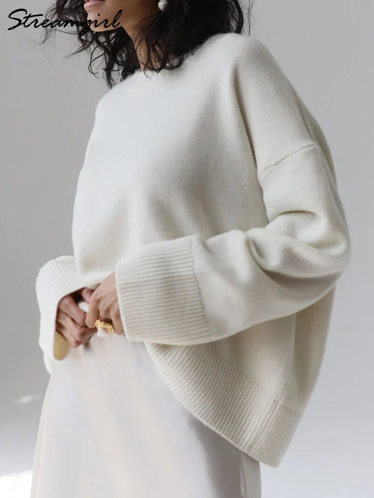 Oversized Women's Sweaters - Light Blue Knitted Pullovers with O Neck for Autumn & Winter | Cozy Loose Tops for Casual Wear, Office & Weekend Outfits
