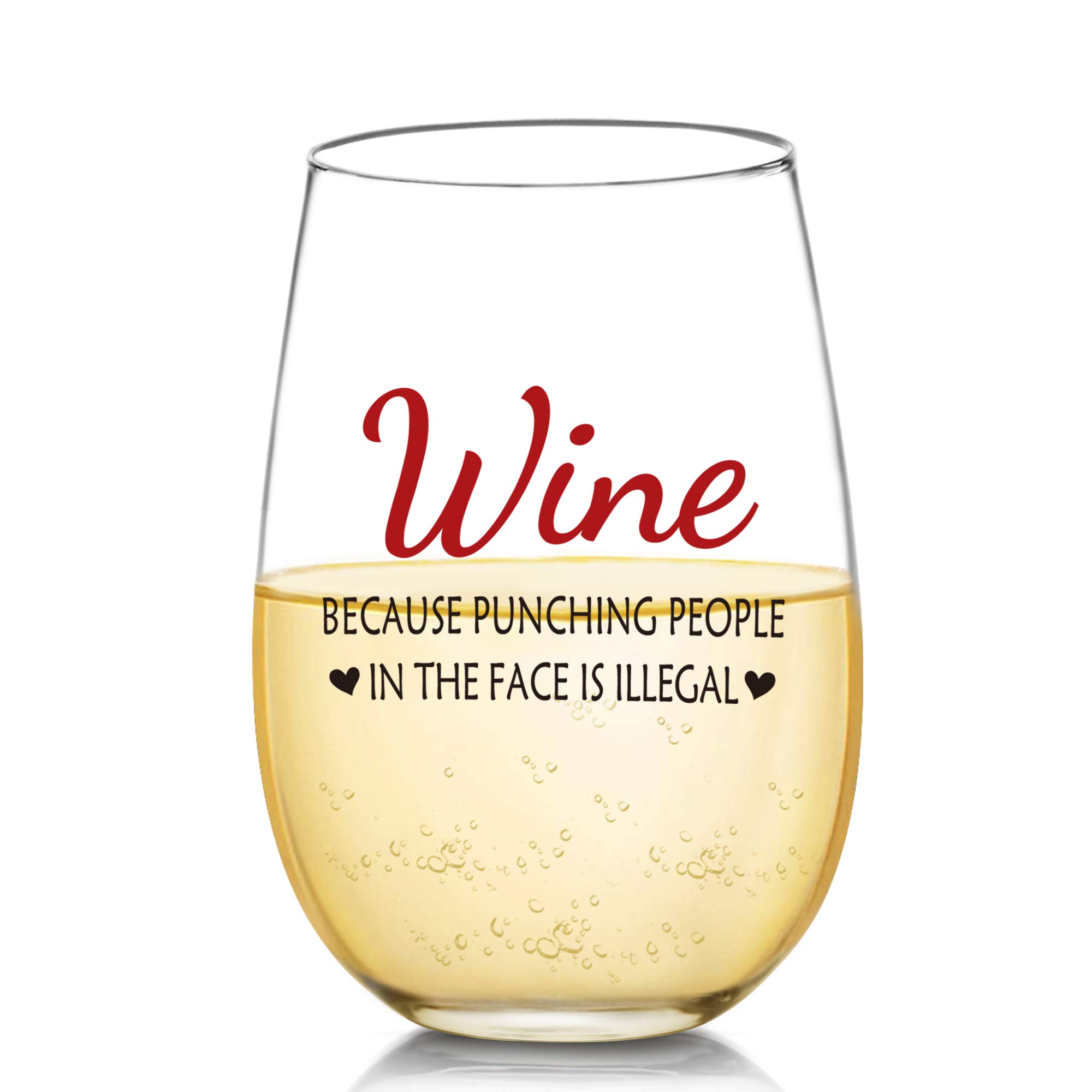 Funny Wine Glasses Gifts for Women - 'Wine Because Punching People is Illegal' Novelty 17oz Glass - Perfect Birthday, Mothers Day, Coworker, Wife, Sister & Friend Gifts - Great for Parties, Girls Night Out & Relaxing at Home