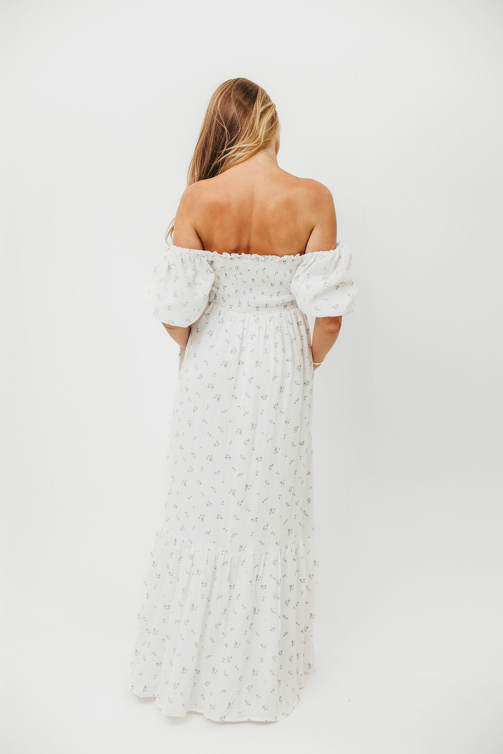 Livvy 100% Cotton Maxi Dress - Off White & Blue Floral Print | Women's Summer Beach Dress, Casual Boho Dress for Vacation, Party & Outdoor Events