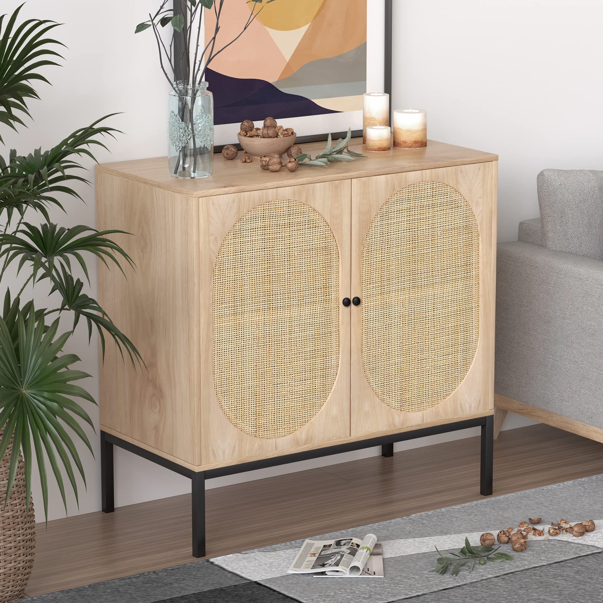 XIAO WEI Rattan Storage Cabinet with Doors - Modern Boho Farmhouse Accent Sideboard Buffet Cabinet with Metal Legs, Natural Finish - Perfect for Living Room, Hallway, Kitchen & Dining Room Storage & Decor