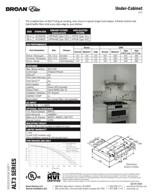 Broan Elite Alta III Series 30-Inch Stainless Steel Convertible Under Cabinet Range Hood - ALT330SS | Powerful Kitchen Ventilation for Smoke & Odor Removal | Perfect for Home Cooking & Grilling