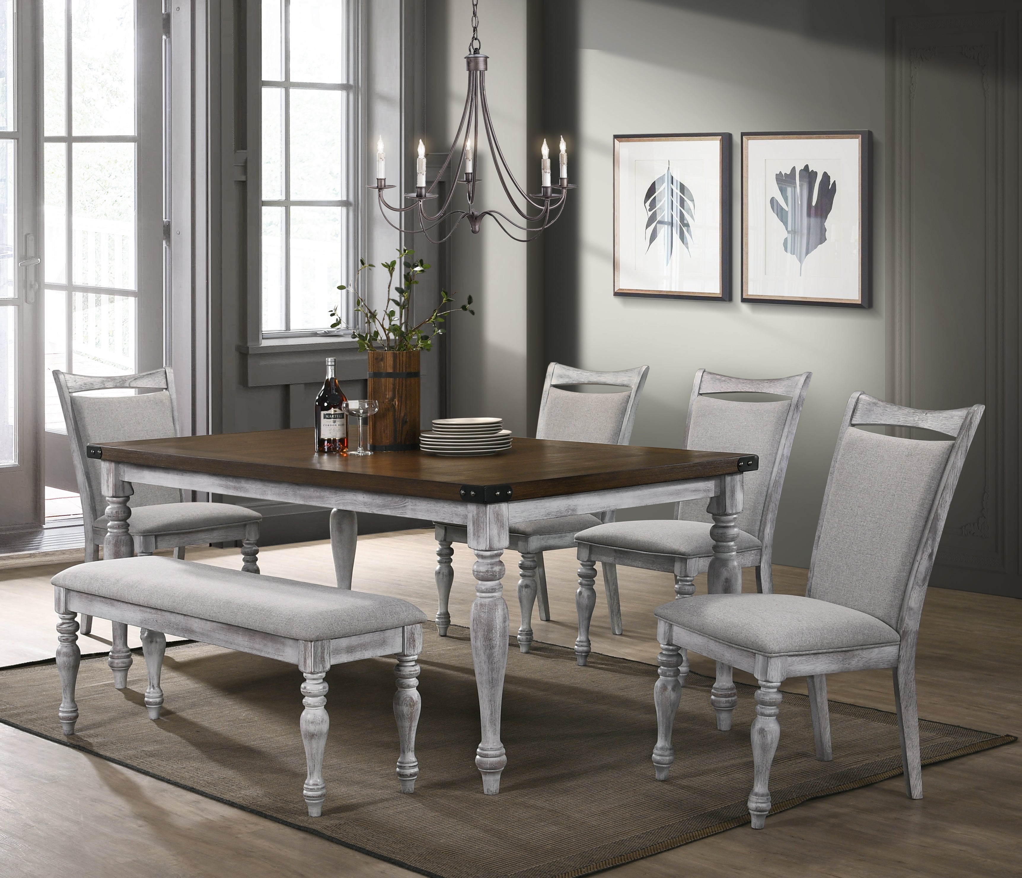 6-Piece Rustic White and Oak Dining Table Set with 4 Upholstered Chairs & Bench - Perfect for Farmhouse Kitchens, Dining Rooms & Small Space Entertaining