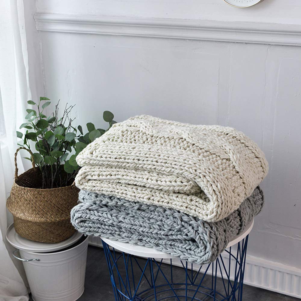 Luxury Chunky Knit Throw Blanket - Ultra Soft & Comfortable Handmade Weighted Blanket for Bed, Couch & Chair - Oversized 51x63 Inch (130x160cm) in Beige/Grey - Perfect for Cozy Nights, Relaxing & Home Decor