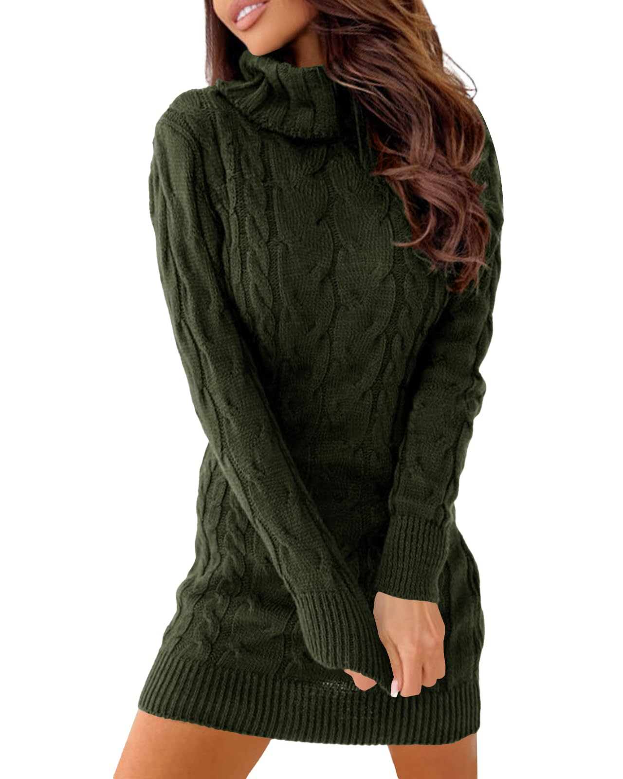 Langwyqu Women's Sexy Cable Knit Sweater Dress - Long Sleeve Turtleneck Bodycon Mini Dress for Fall | Perfect for Date Nights, Office Wear & Holiday Outfits