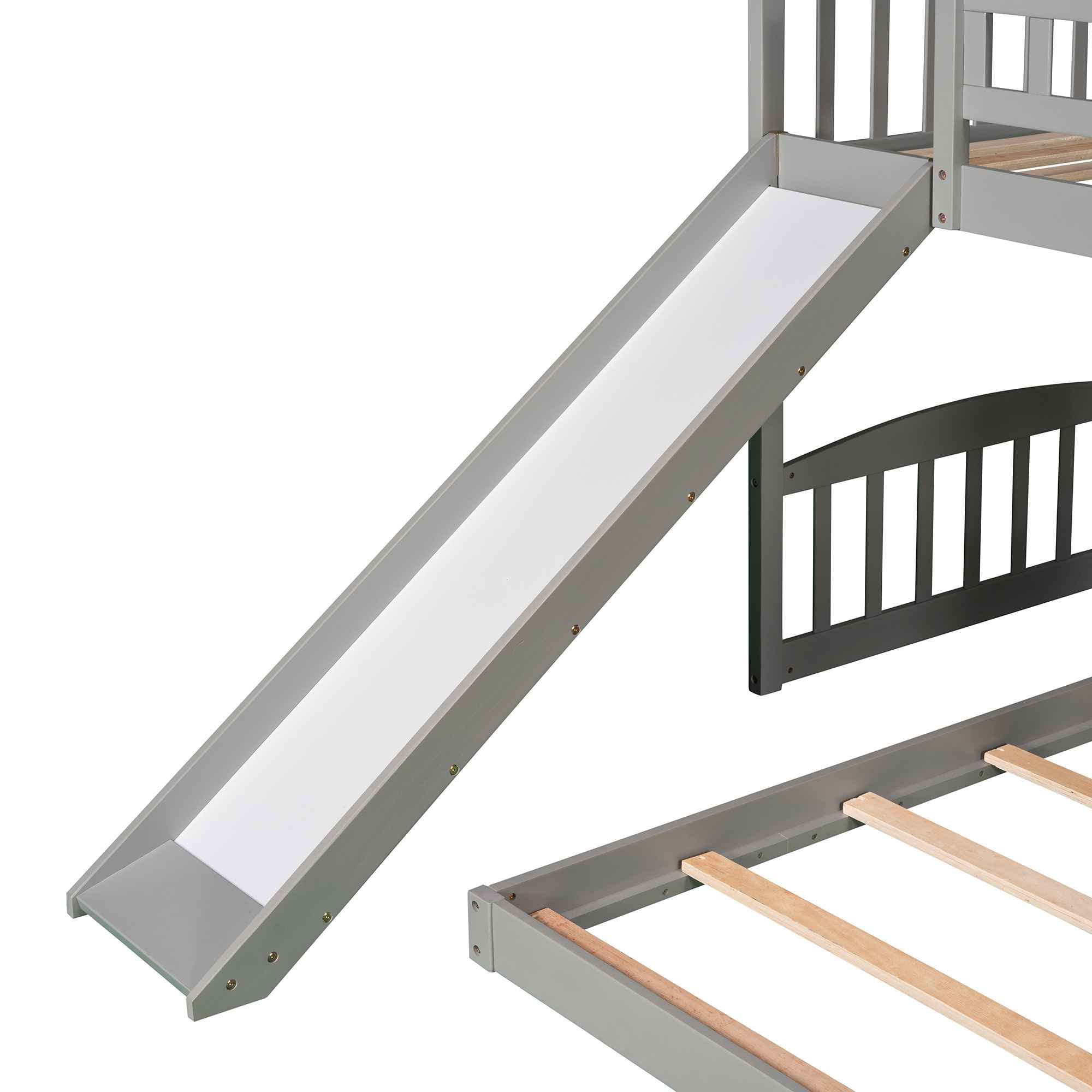 ATY House Twin Over Twin Wooden Bunk Bed for Kids with Slide, Roof, Guardrail & Ladder - No Box Spring Needed - Space-Saving Gray Bunkbed for Bedrooms, Guest Rooms & Vacation Homes