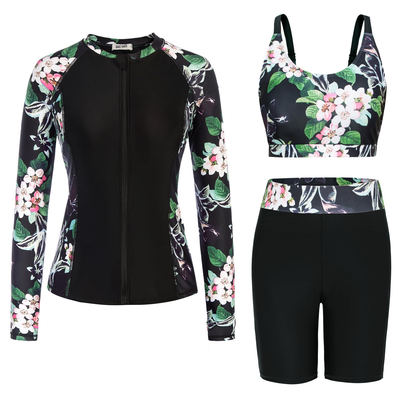 GRACE KARIN Women's 3 Piece Rash Guard Swimsuit Set with Built-in Bra, Long Sleeve UV Sun Protection, Zip Up Swim Top - Perfect for Surfing, Swimming & Beach Activities