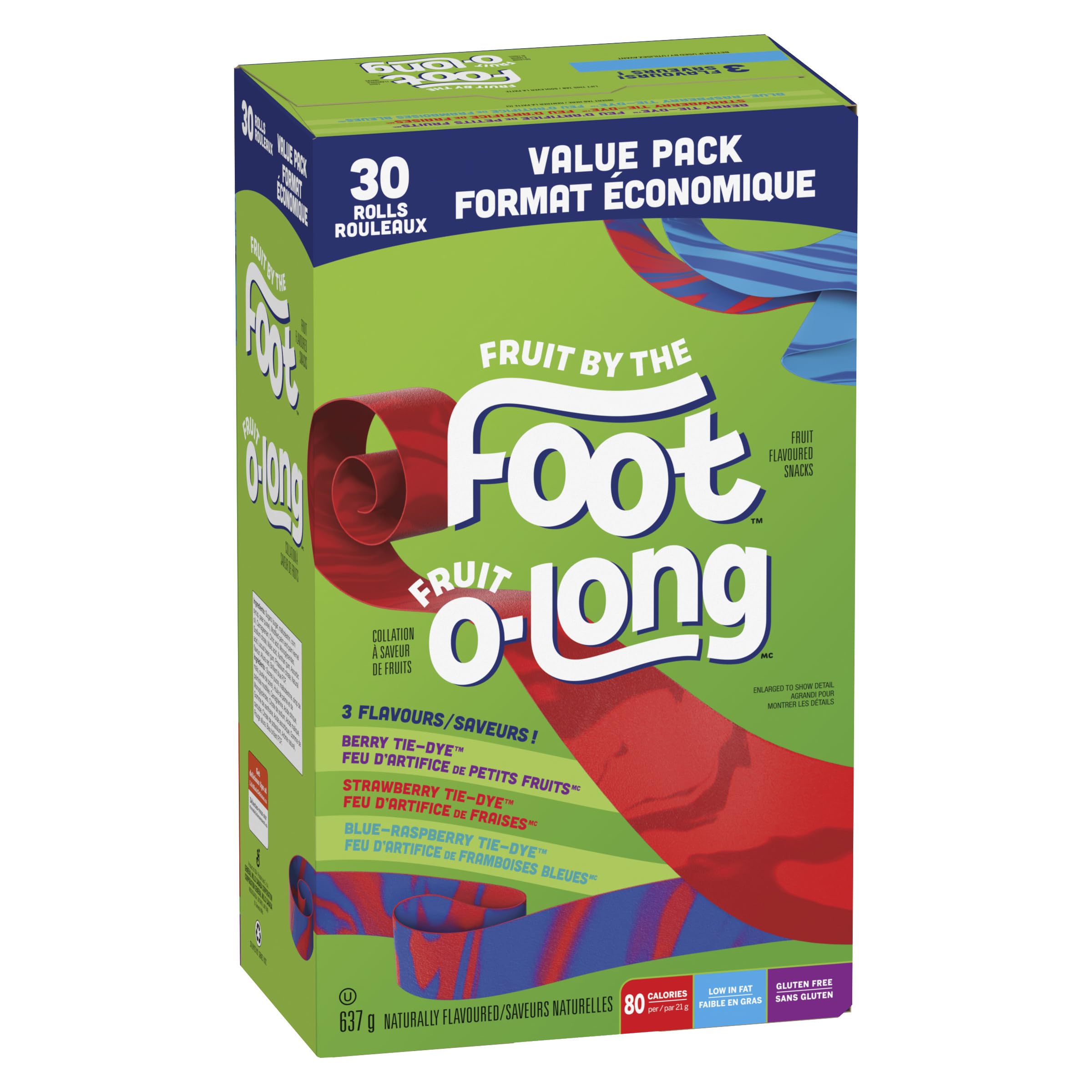 Betty Crocker Fruit by the Foot Value Pack - 30 Rolls of Strawberry, Blue Raspberry & Berry Tie-Dye Fruit Flavored Snacks (637g) | Kids Lunch Box, School Snacks & Party Treats