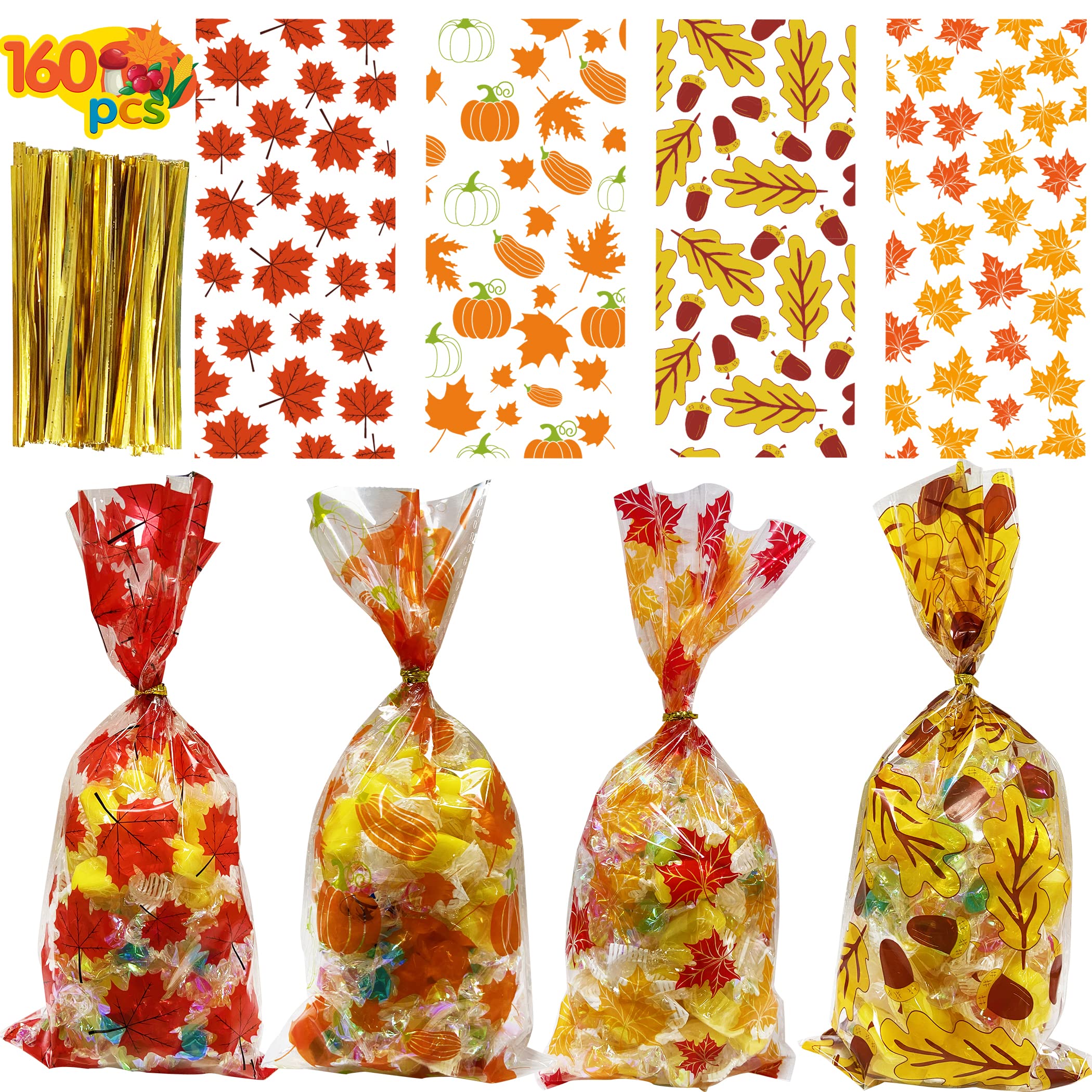 160 Pcs Autumn Cellophane Treat Bags with Gold Twist Ties - Fall Party Favor Bags for Halloween, Thanksgiving, Candy, Snacks & Goodies - Perfect for Seasonal Celebrations, Classroom Treats & Holiday Gift Packaging