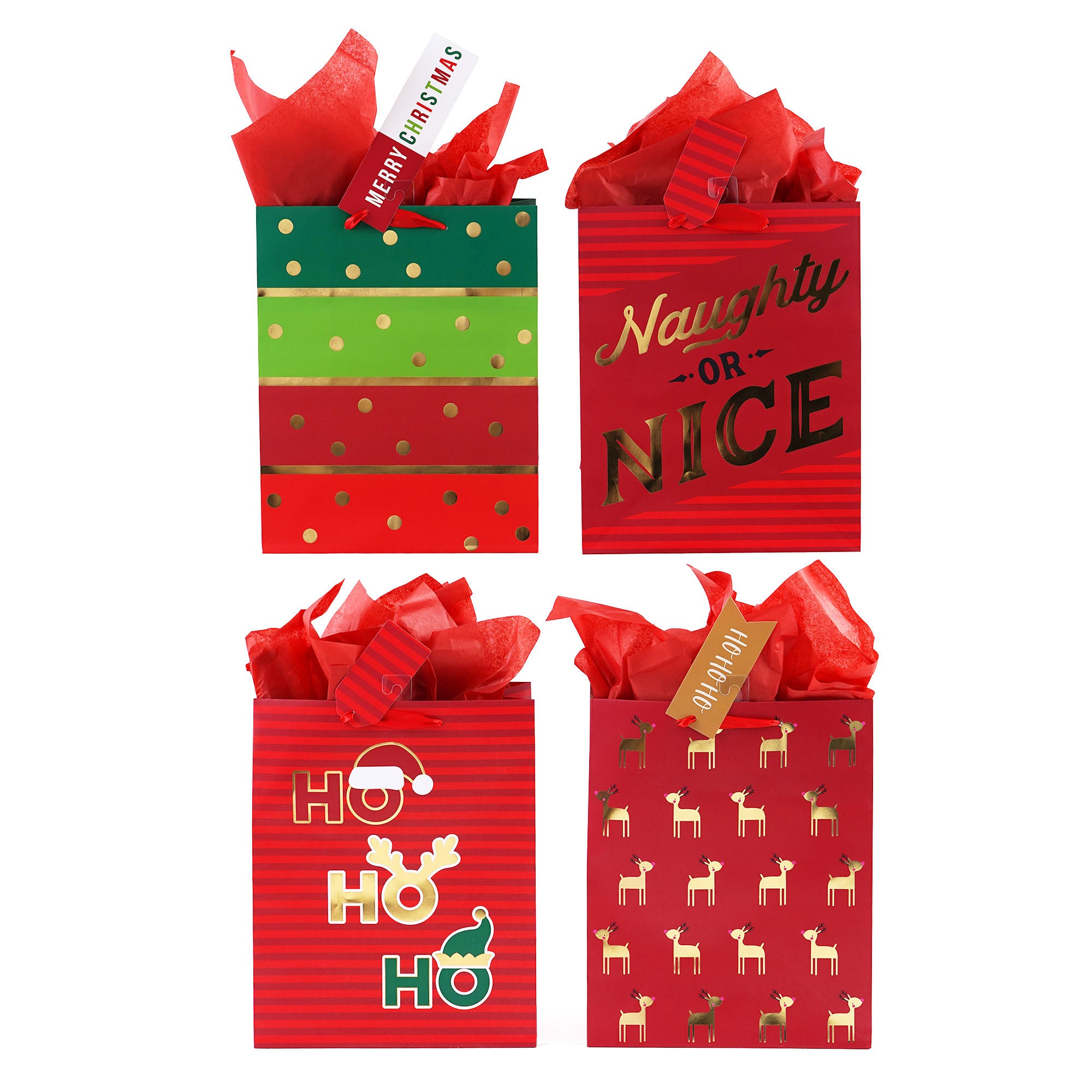 Extra Large Gold & Red Christmas Hot Stamp Gift Bags - 4 Festive Designs for Holiday Presents, Party Favors & Decorations