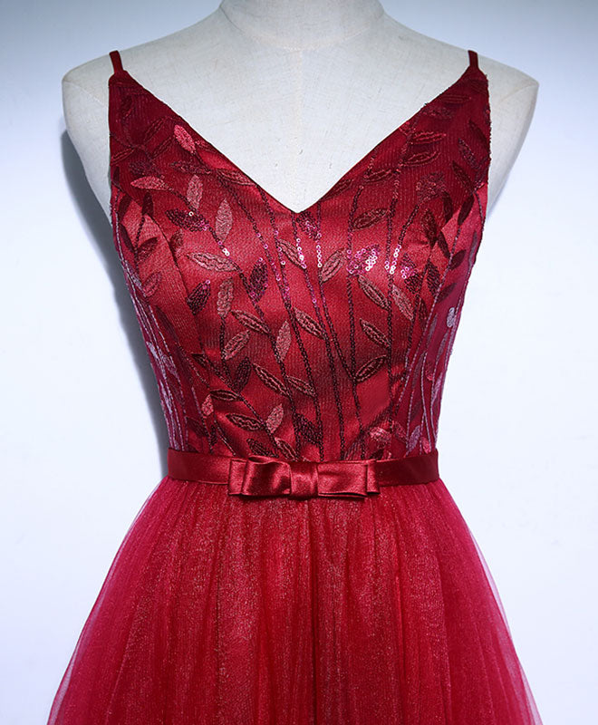Elegant Burgundy V-Neck Tulle Long Prom Dress for Women - Formal Evening Gown for Homecoming, Wedding Guest & Special Occasions