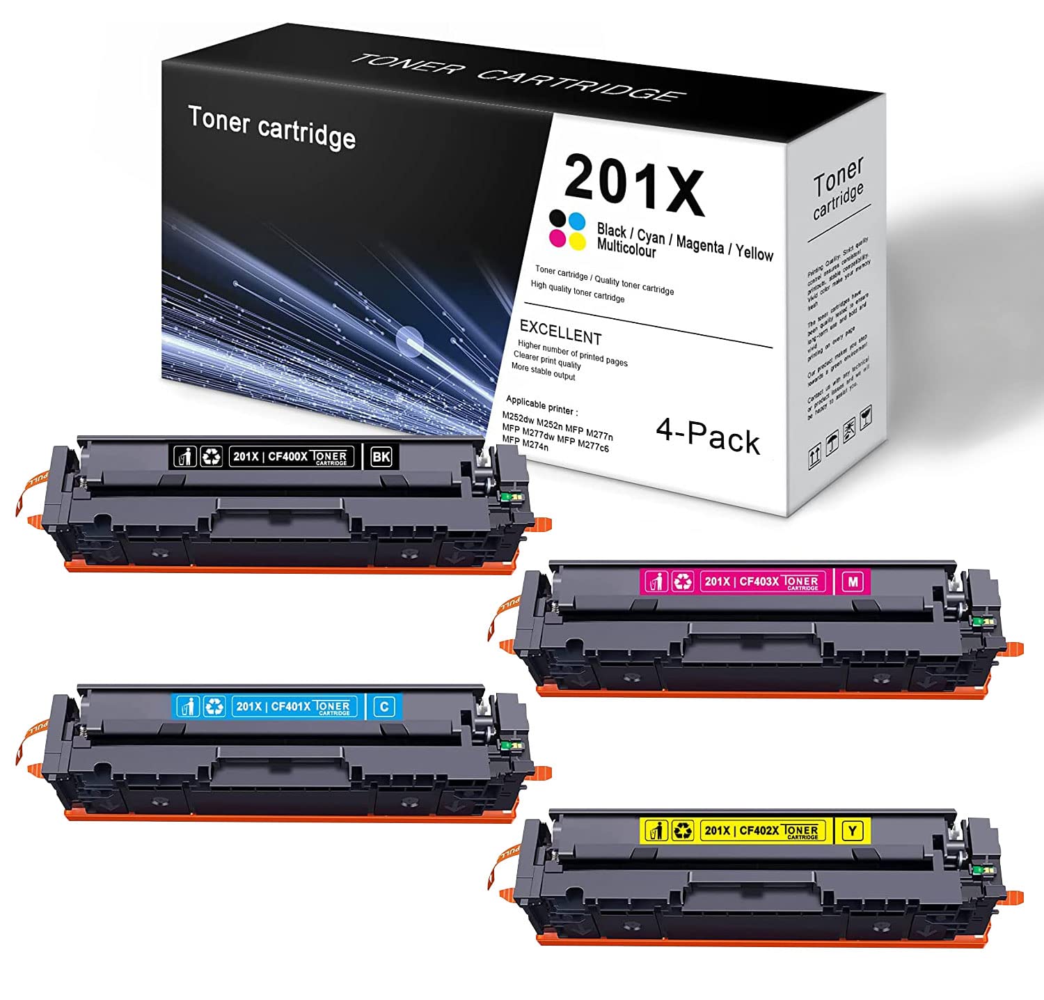 (4 Pack 1BK+1C+1Y+1M) High Yield Ink Cartridge Replacement for HP MFP M277n/M277dw/M277c6/M274n/M252dw/M252n Printers - Compatible with CF400X/CF401X/CF402X/CF403X Toner - Perfect for Home & Office Printing - Sold by Indiuprint