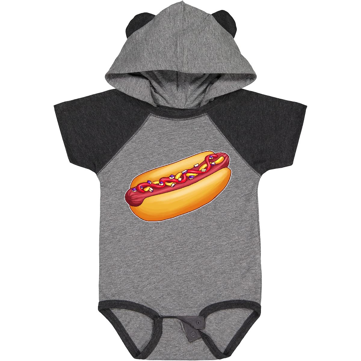 Inktastic Hot Dog Print Baby Bodysuit - Cute Mustard, Onions & Ketchup Design - Soft Cotton Infant Onesie for Playdates, Family BBQ & Summer Outfits
