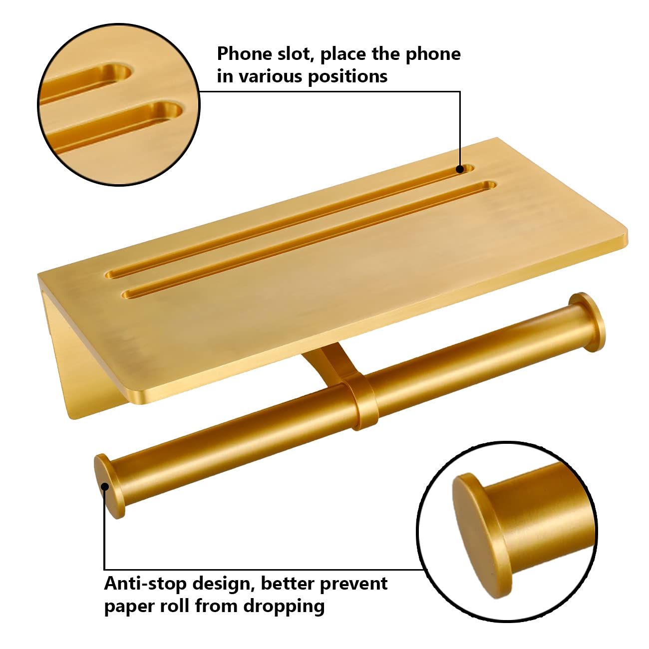 Smart Home Double Toilet Paper Holder with Shelf - Wall Mounted Commercial Toilet Paper Roll Dispenser with Phone Storage - Brushed Gold Aluminum for Mega Rolls - Perfect for Bathroom, Restroom & Office Use