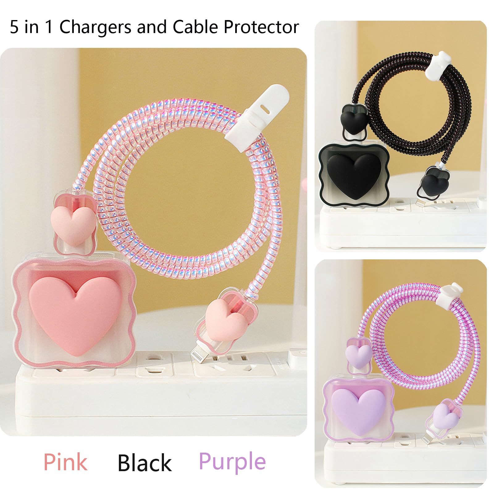 5-in-1 DIY Cable Protector & Wire Saver - 18W/20W USB-C Charger Case Cord Organizer Compatible with iPhone 11/12/13/14/15 Pro Max (Pink Love) - Perfect for Home, Office & Travel Charging Protection