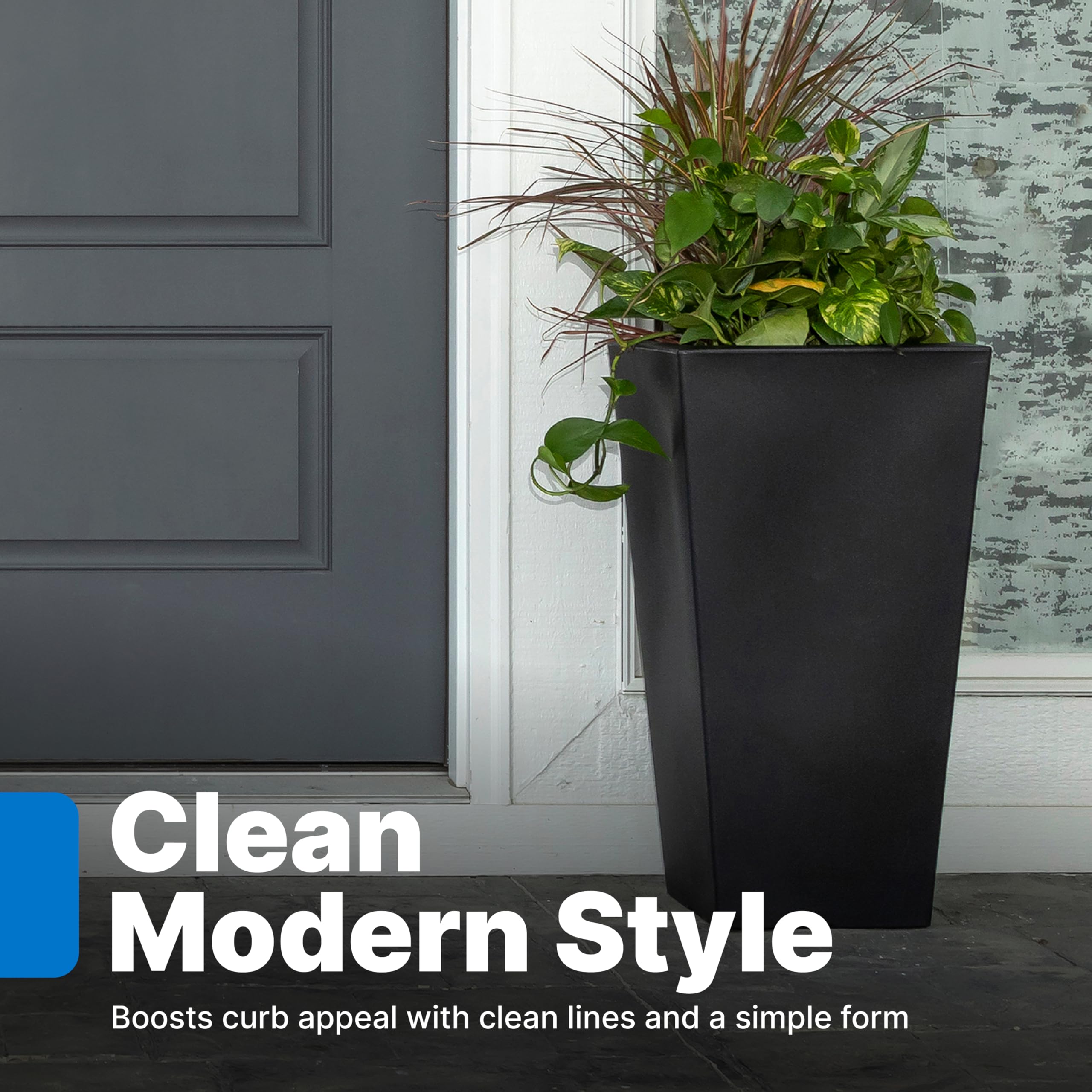 Step2 Tremont Tall Square Tapered Planter - Large Outdoor Planters for Gardening, Flowers & Patio Decor - Durable Plastic with Efficient Drainage (Onyx Black, 1-Pack) - Perfect for Porch, Deck or Backyard Landscaping