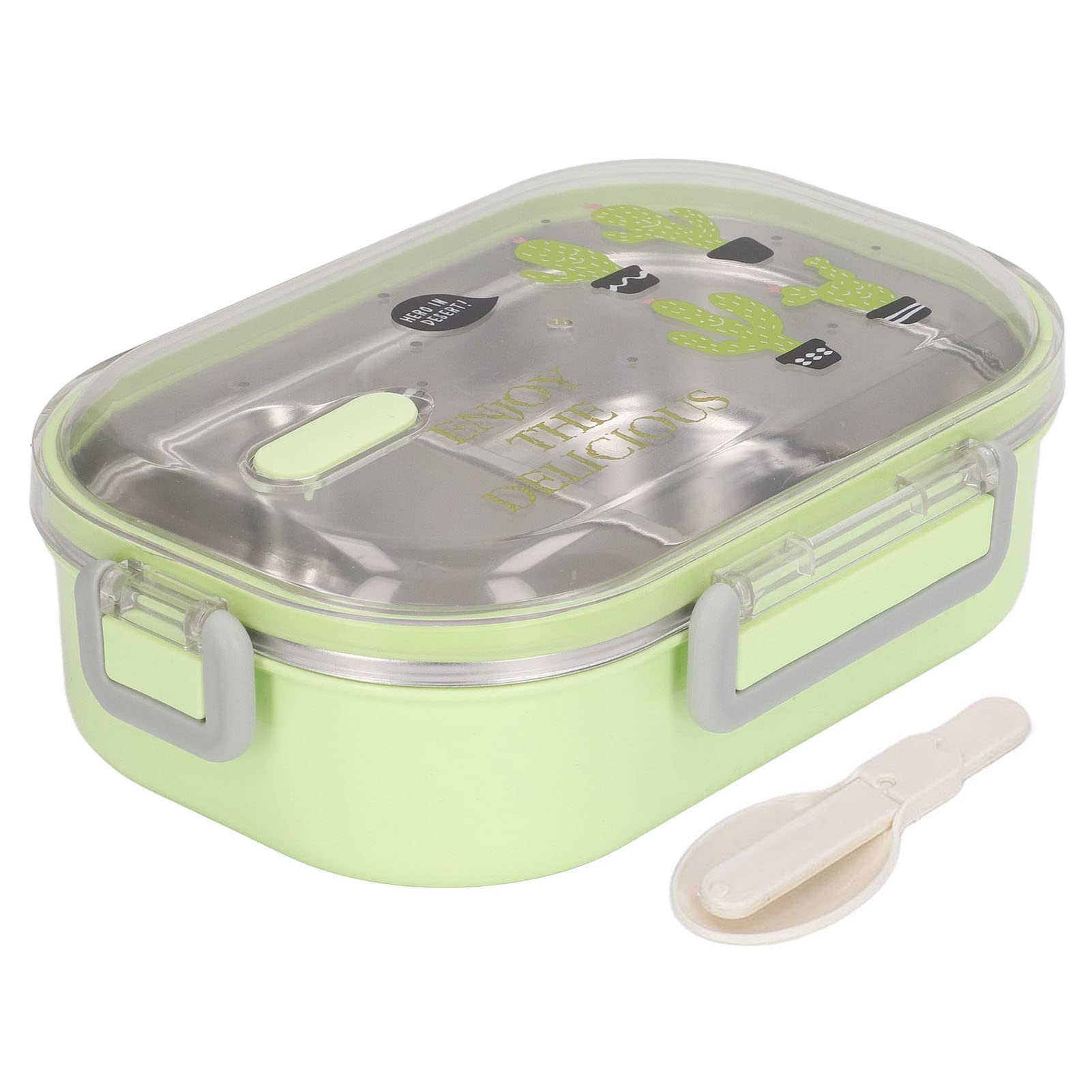 Tnfeeon Bento Box - 304 Stainless Steel Lunch Box with Compartments | Thermal Insulation & Leak Proof | Cactus Design for Kids & Students | Perfect for School, Office & Picnics (Transparent Green)