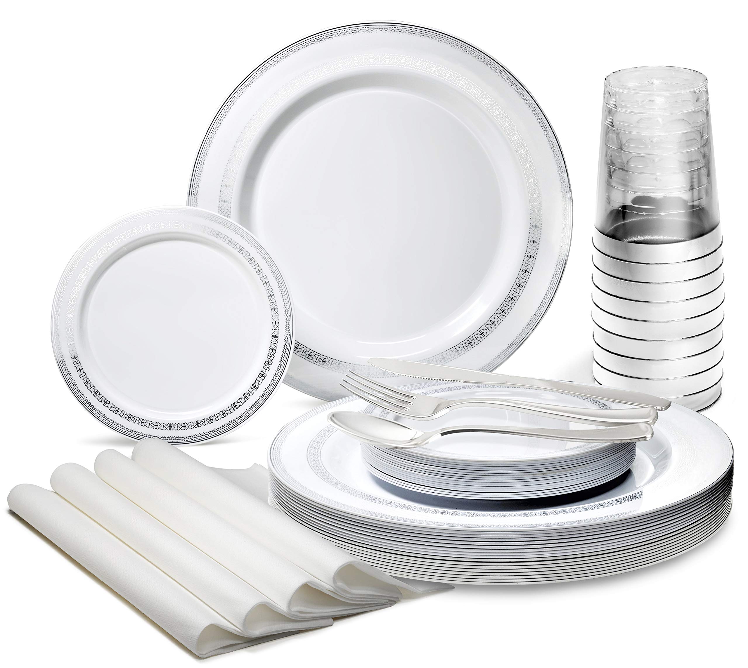 840-Piece Heavyweight Disposable Wedding Party Plate Set - 120 x 10.5'' Dinner Plates, 120 x 6.25'' Dessert Plates, Silverware, Cups & Lace Napkins (White & Silver) - Elegant Disposable Tableware for Weddings, Bridal Showers & Large Events