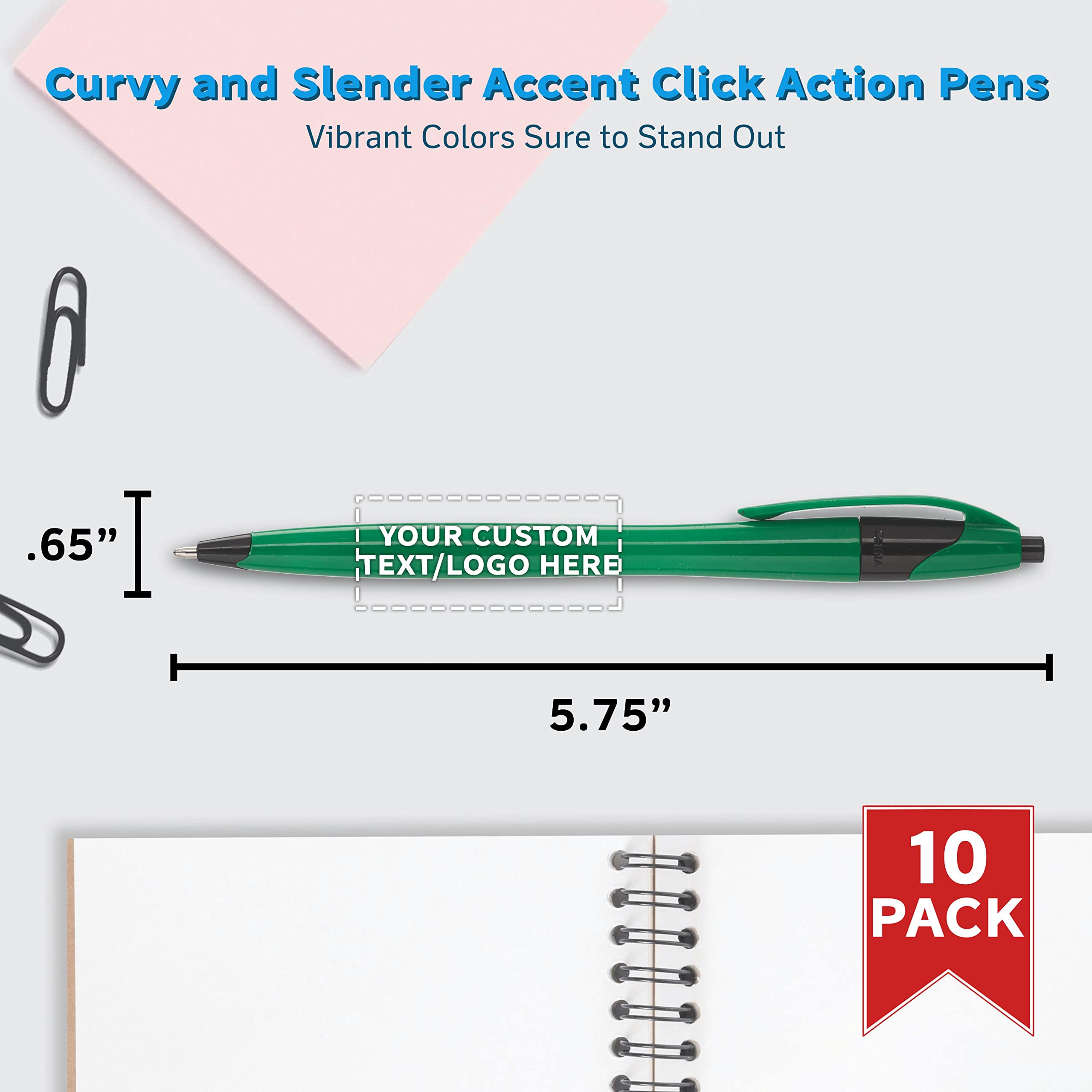 10-Pack Customizable Click Action Pens with Black Ink - Personalized Text & Logo - Vibrant Plastic Pens for Office, School & Promotional Giveaways