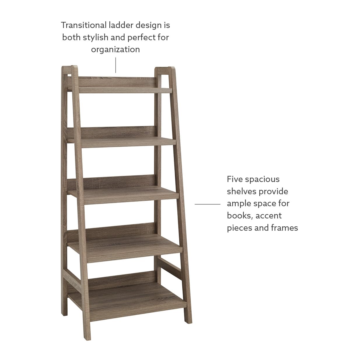 Linon Tracey Greywash Wooden 5-Shelf Ladder Bookcase - Stylish Storage for Living Room, Bedroom, or Home Office